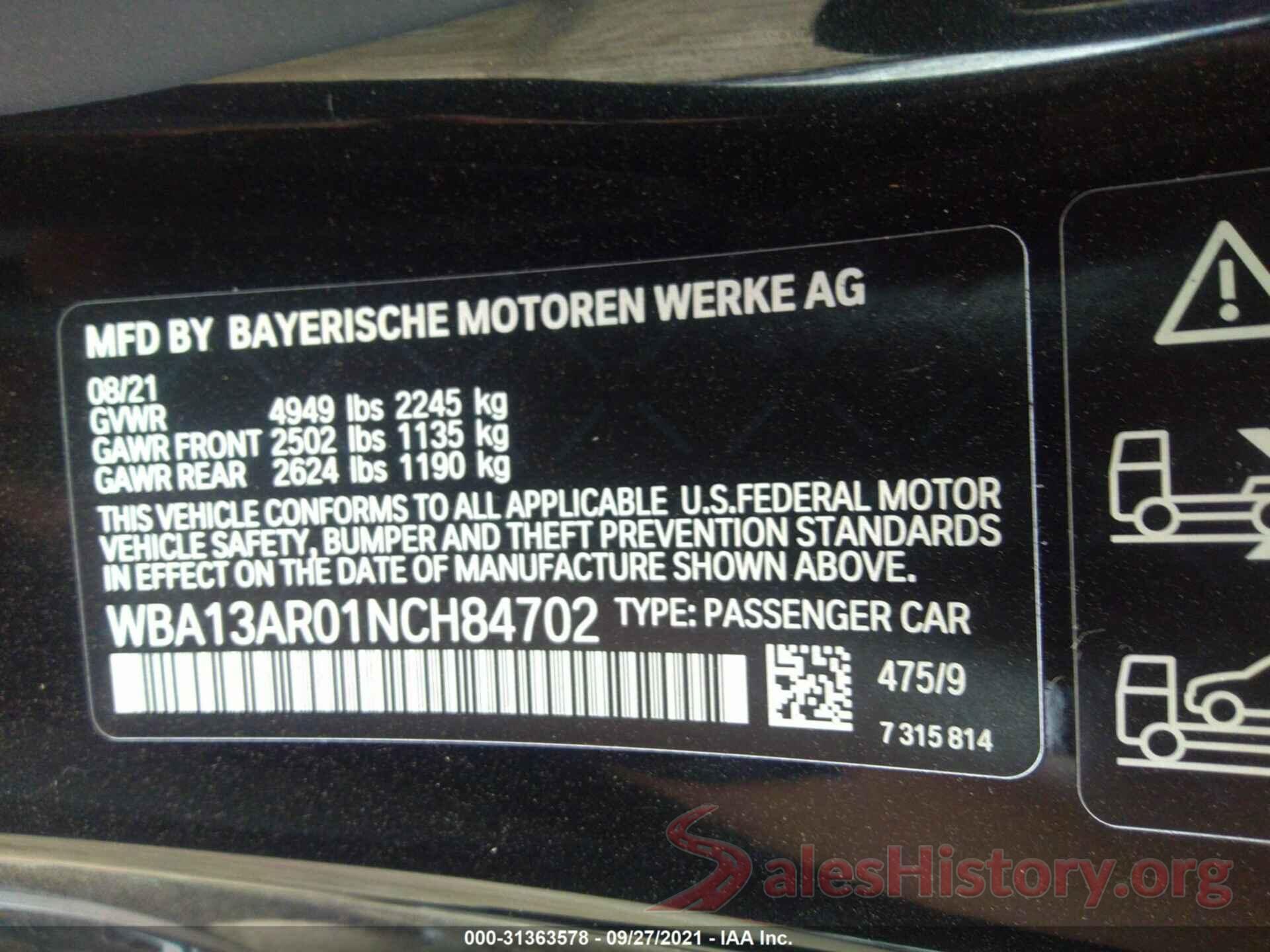 WBA13AR01NCH84702 2022 BMW 4 SERIES