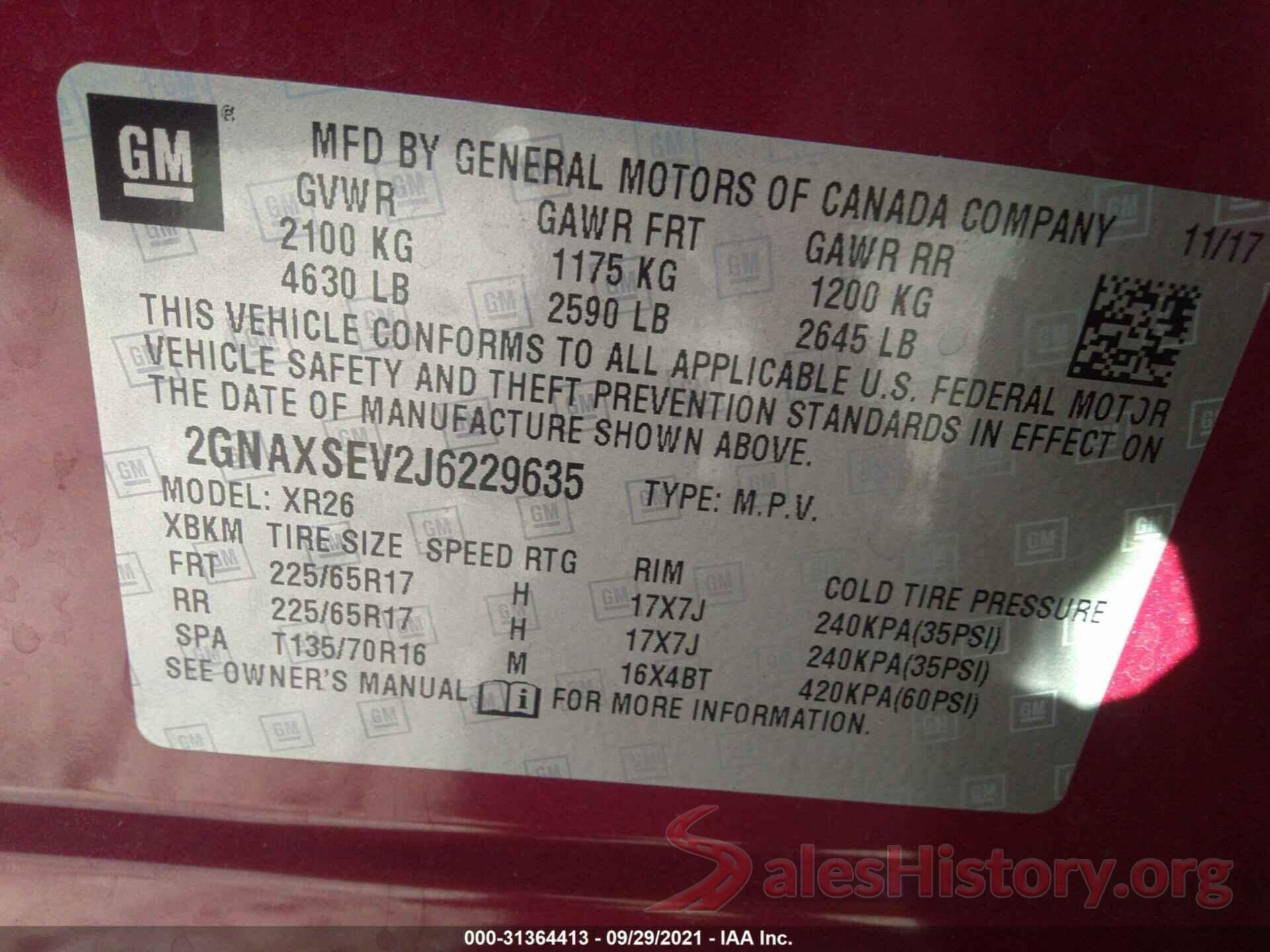 2GNAXSEV2J6229635 2018 CHEVROLET EQUINOX