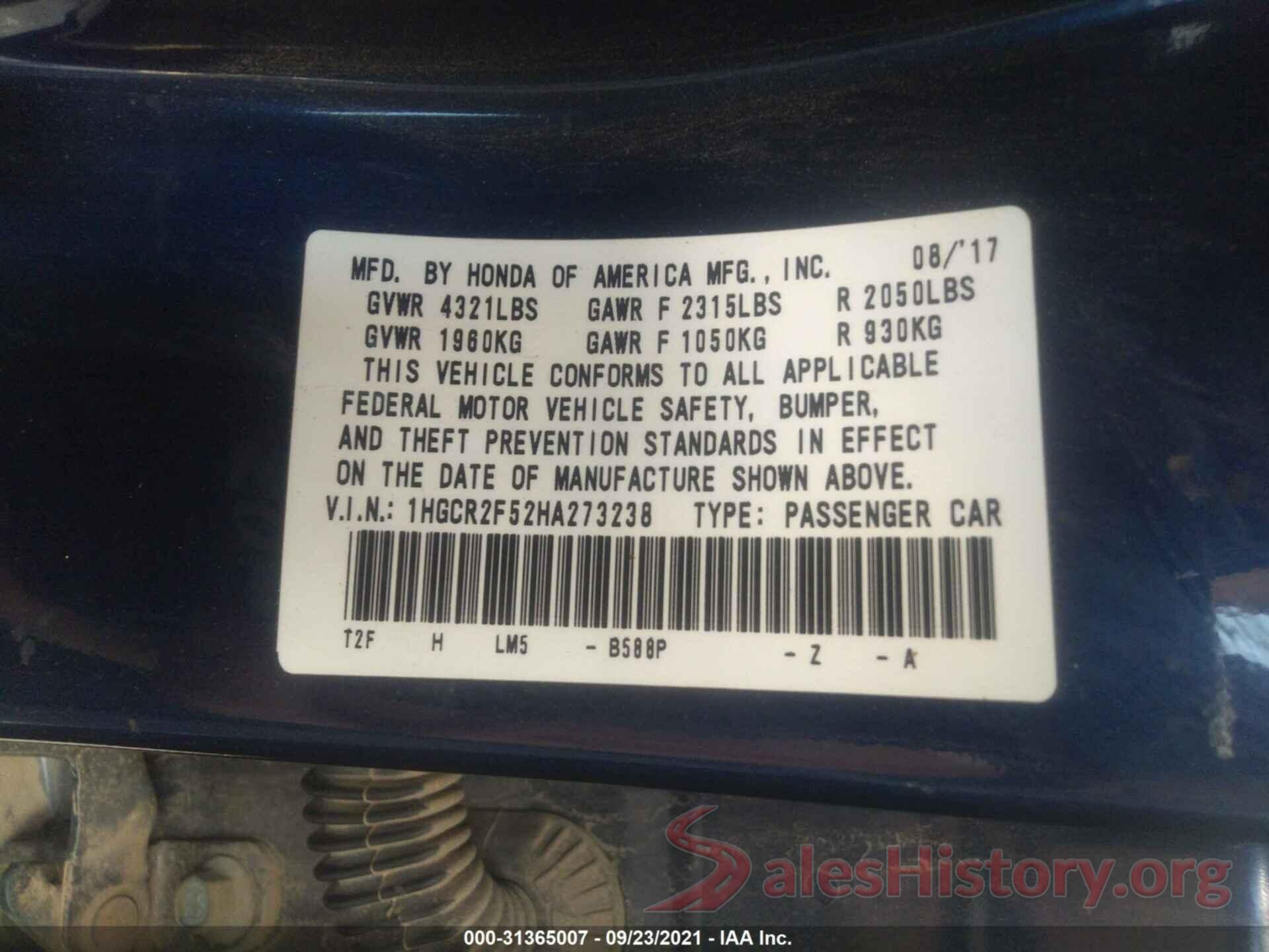 1HGCR2F52HA273238 2017 HONDA ACCORD SEDAN