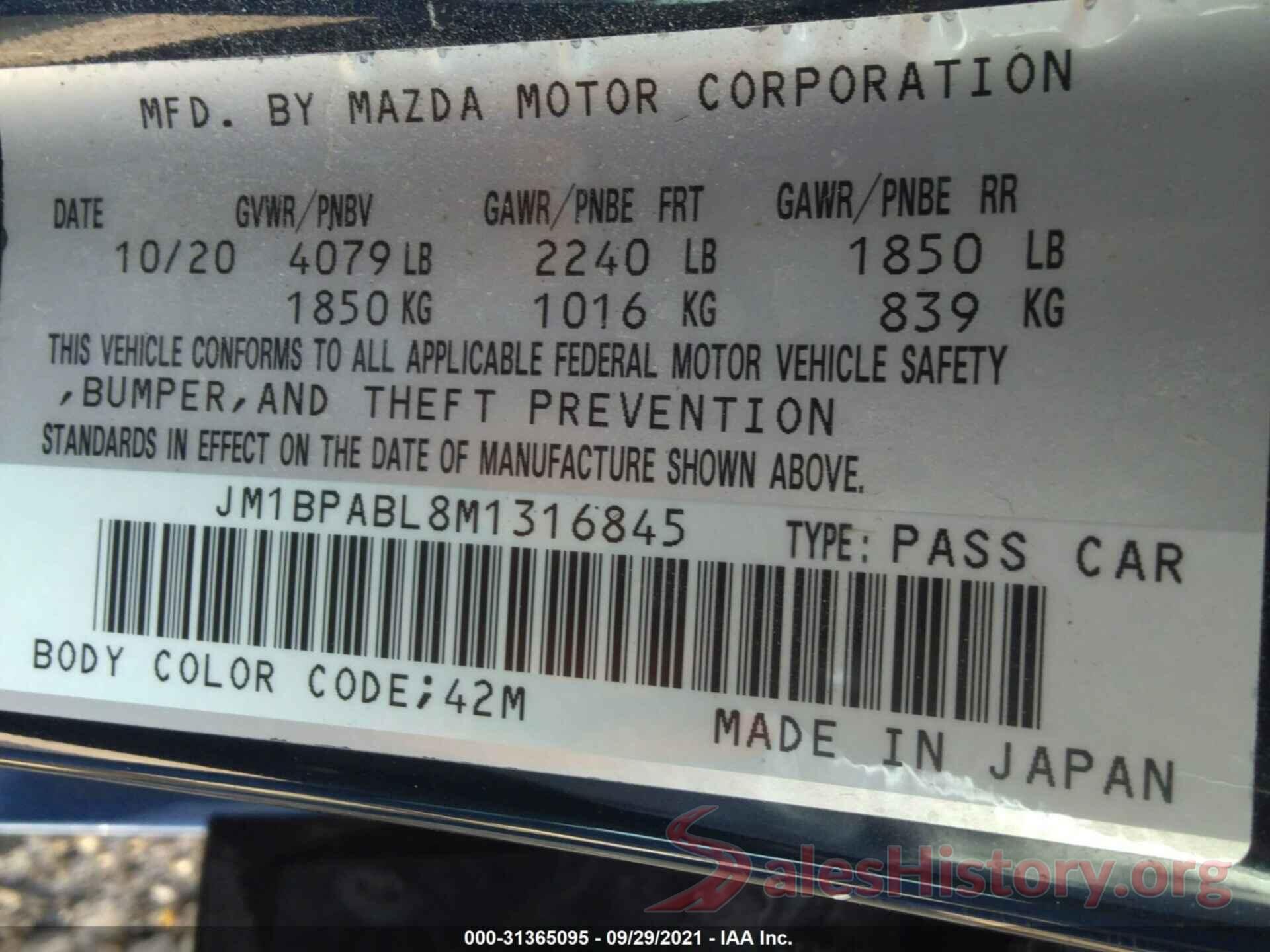 JM1BPABL8M1316845 2021 MAZDA MAZDA3 SEDAN