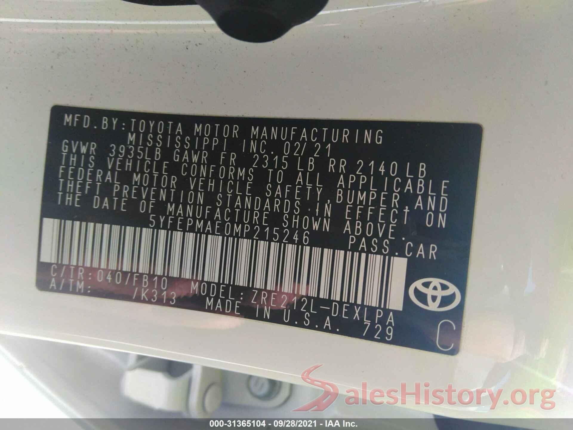 5YFEPMAE0MP215246 2021 TOYOTA COROLLA