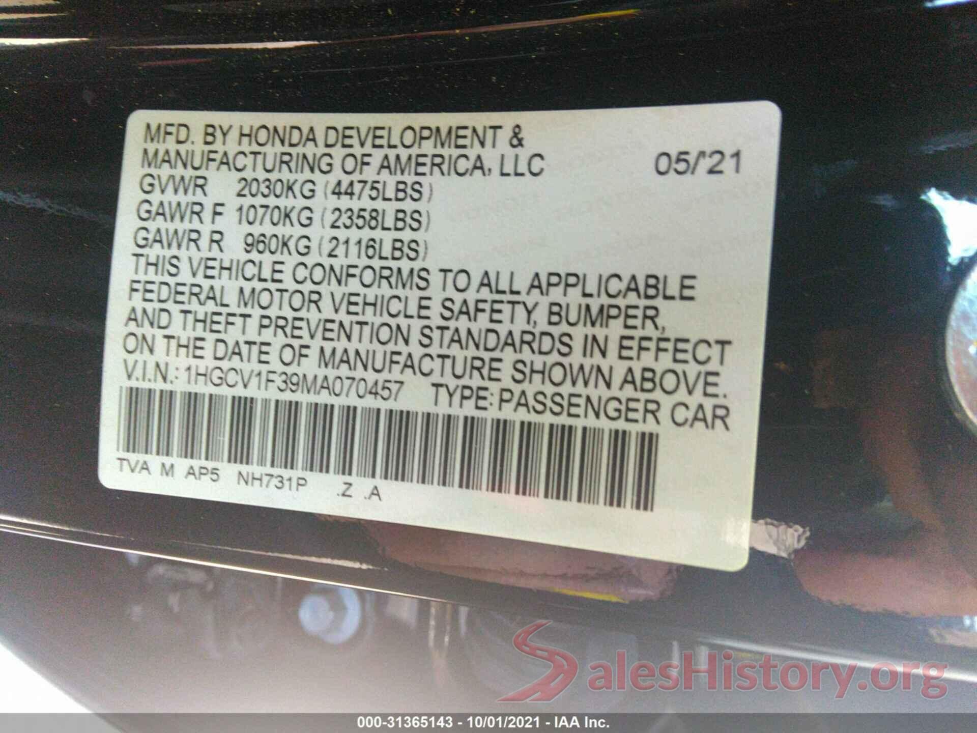 1HGCV1F39MA070457 2021 HONDA ACCORD SEDAN