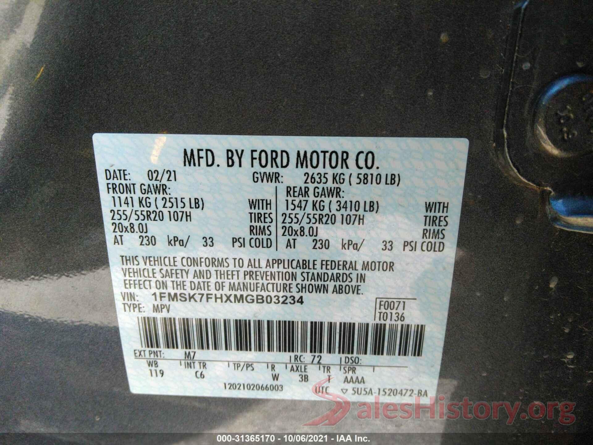 1FMSK7FHXMGB03234 2021 FORD EXPLORER