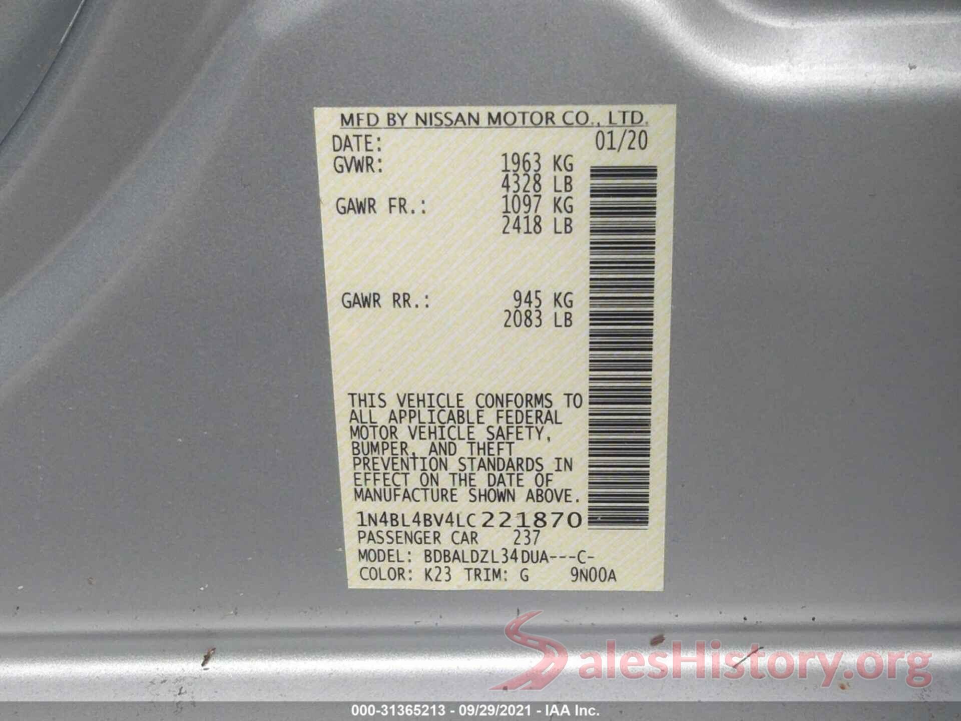 1N4BL4BV4LC221870 2020 NISSAN ALTIMA