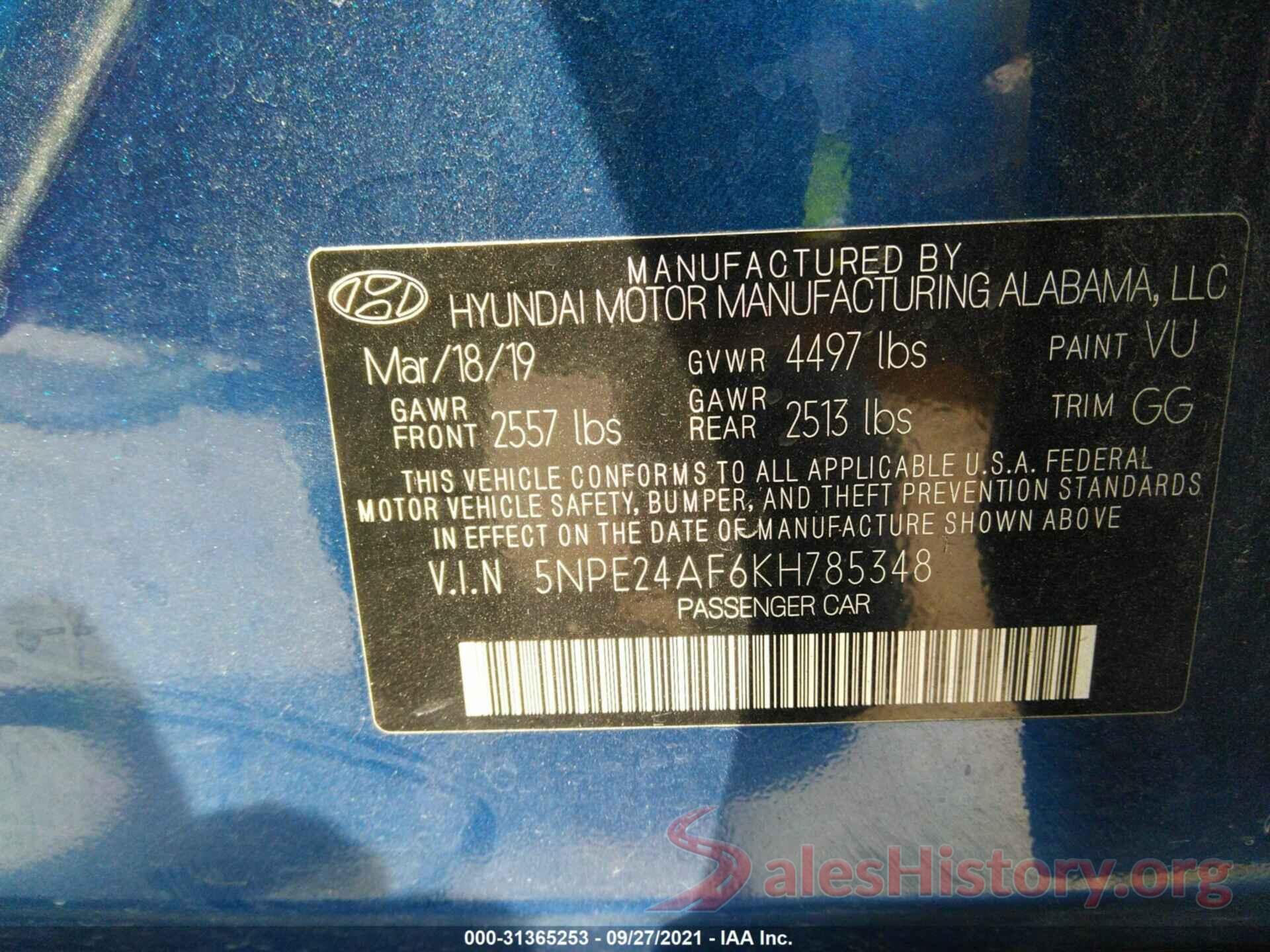 5NPE24AF6KH785348 2019 HYUNDAI SONATA