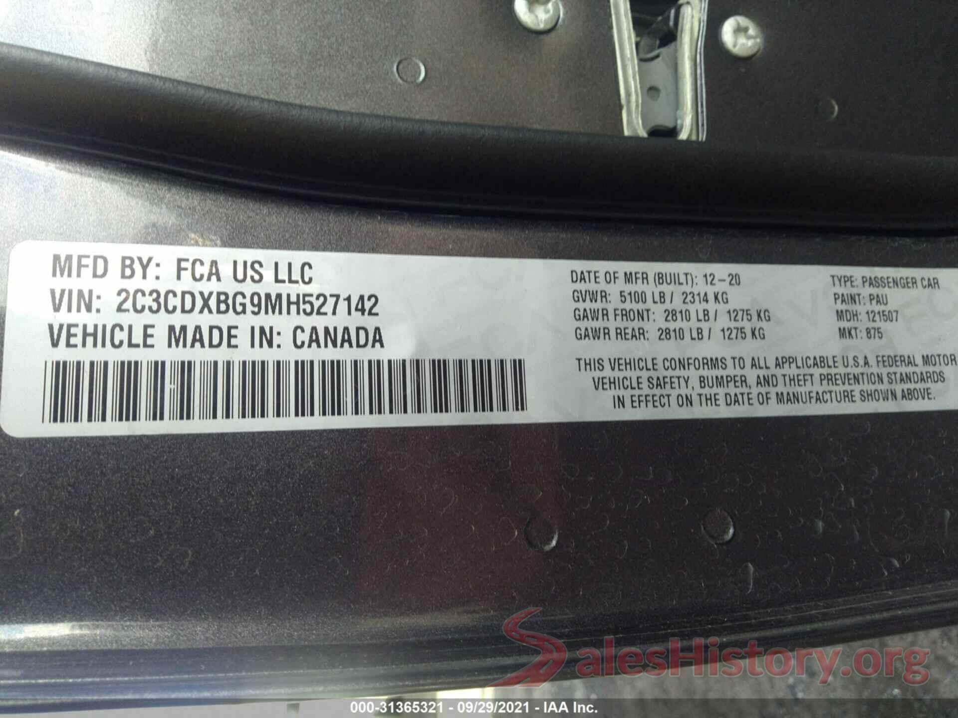 2C3CDXBG9MH527142 2021 DODGE CHARGER