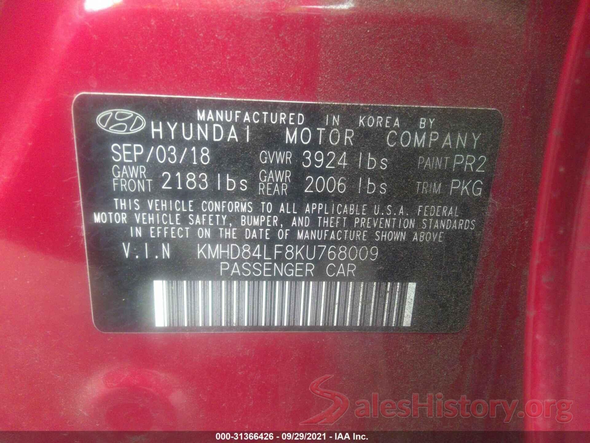 KMHD84LF8KU768009 2019 HYUNDAI ELANTRA