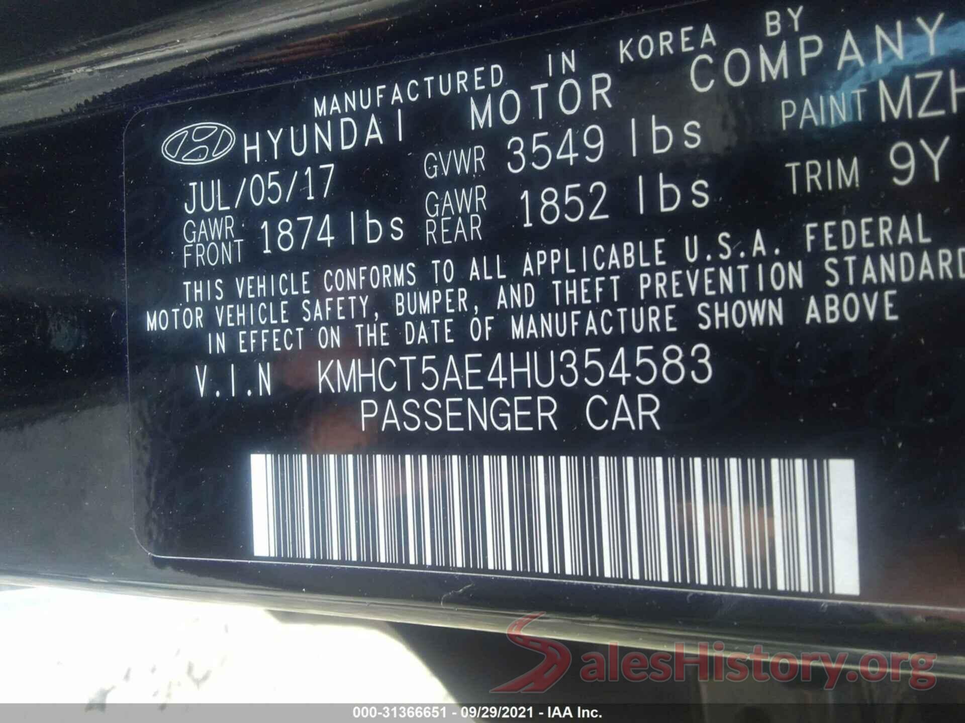 KMHCT5AE4HU354583 2017 HYUNDAI ACCENT