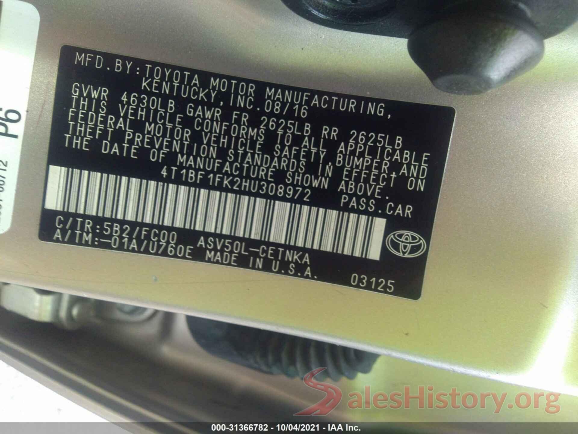 4T1BF1FK2HU308972 2017 TOYOTA CAMRY