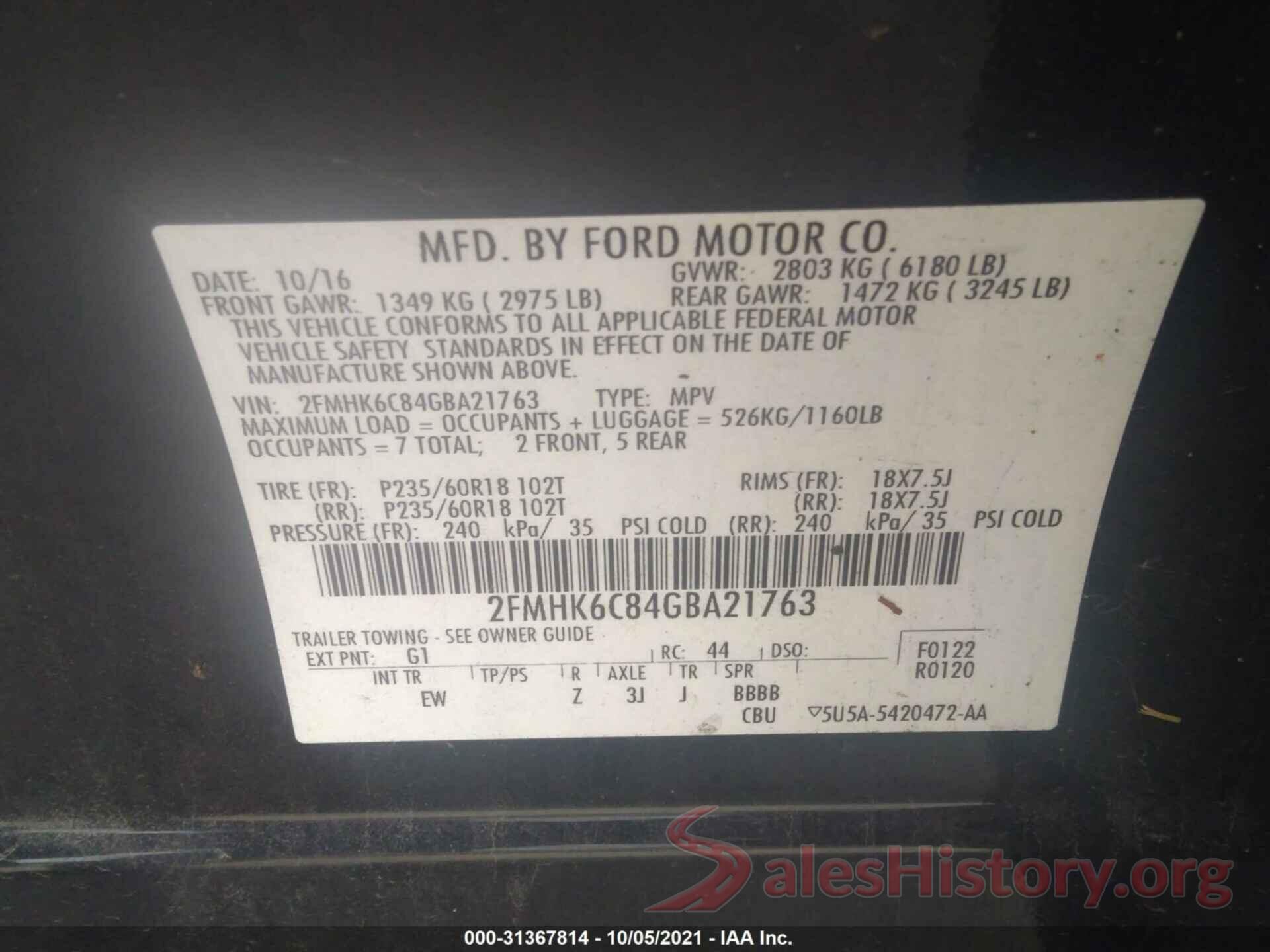 2FMHK6C84GBA21763 2016 FORD FLEX