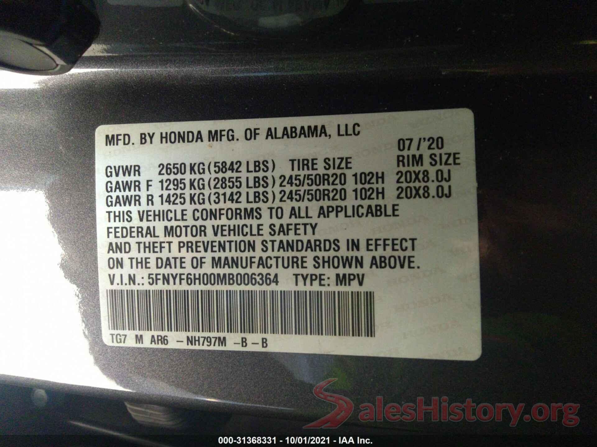 5FNYF6H00MB006364 2021 HONDA PILOT