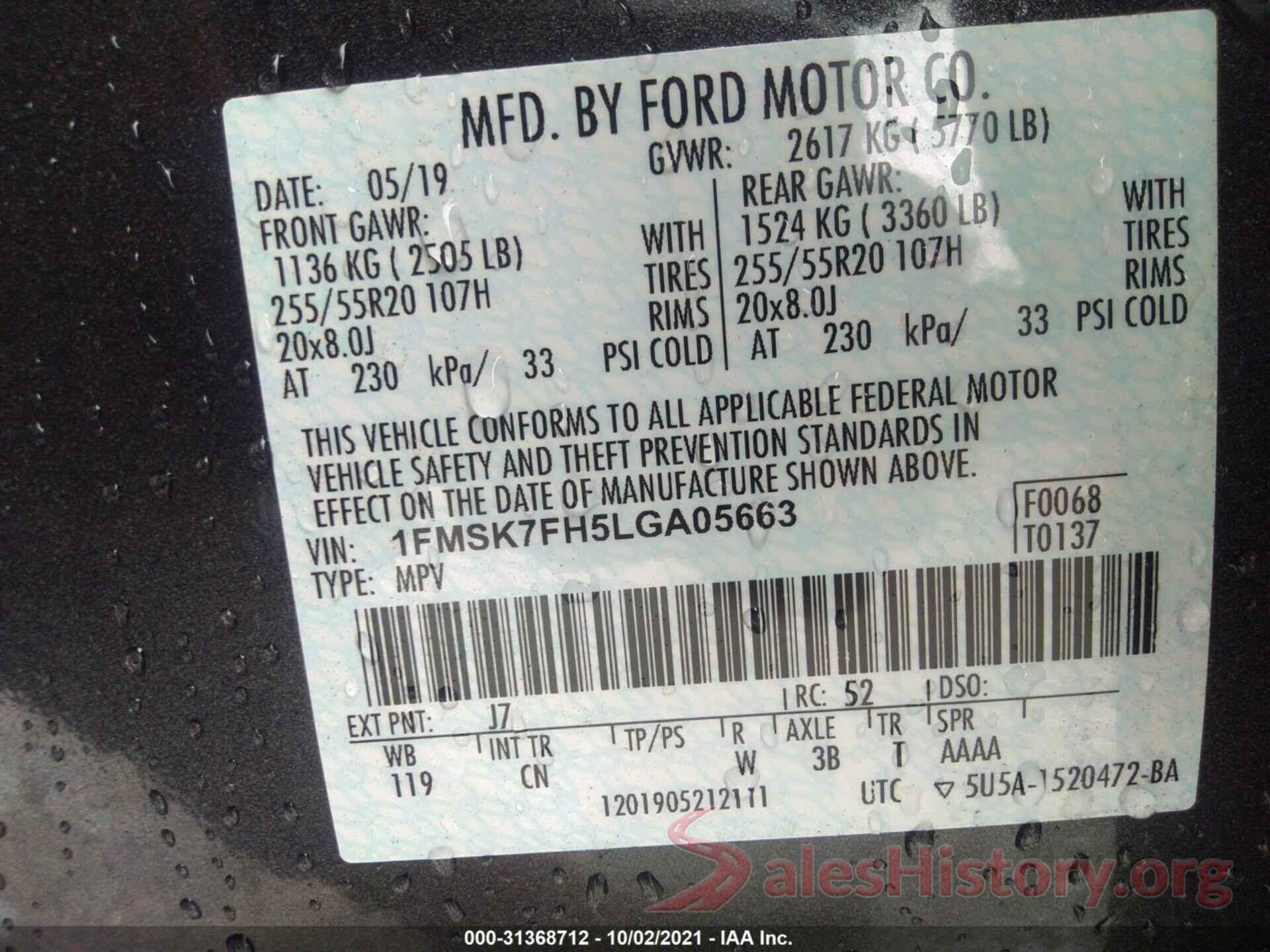 1FMSK7FH5LGA05663 2020 FORD EXPLORER