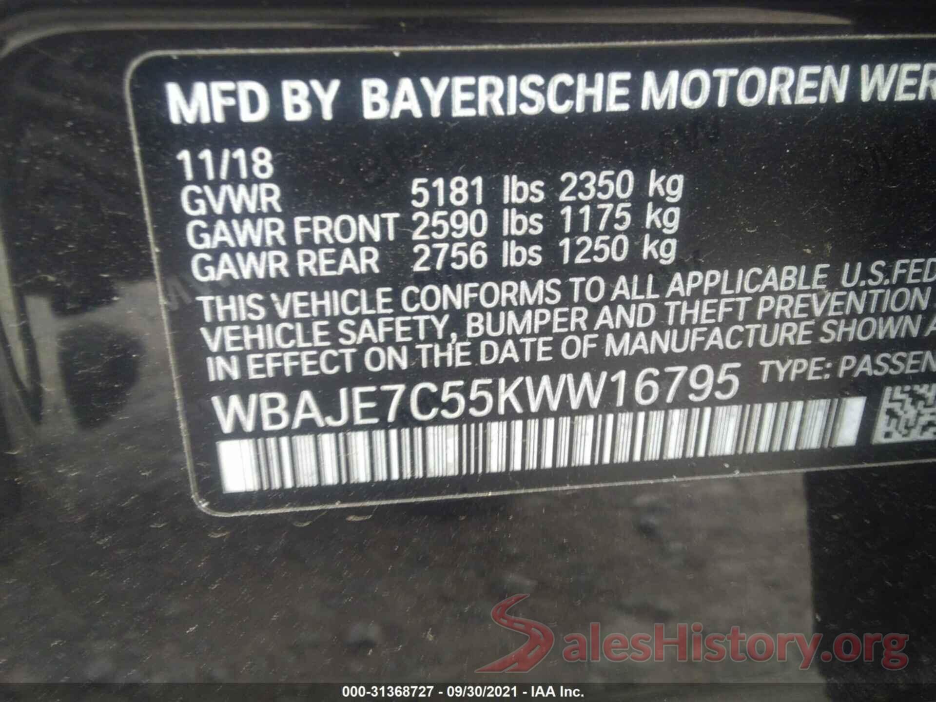 WBAJE7C55KWW16795 2019 BMW 5 SERIES