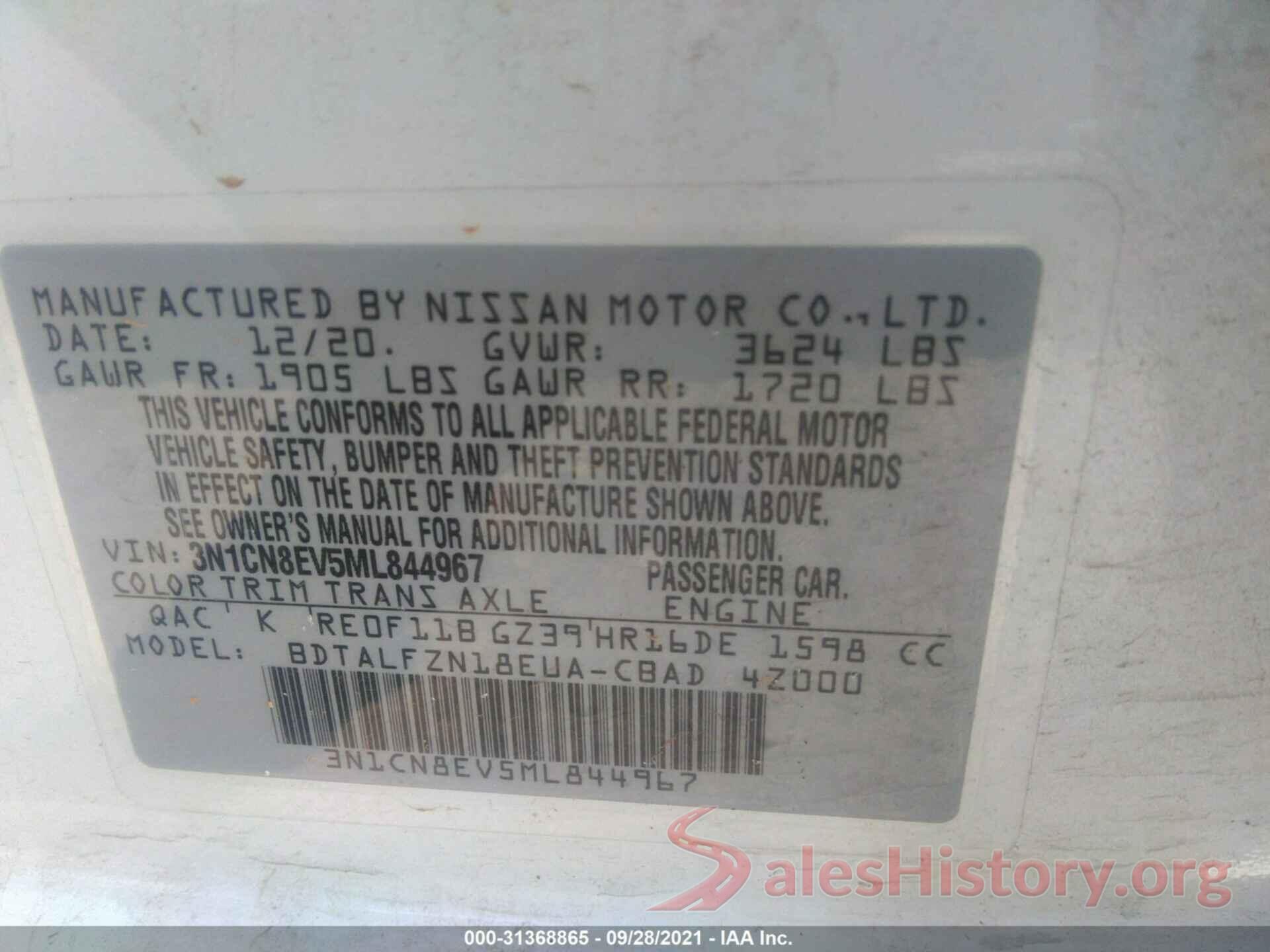 3N1CN8EV5ML844967 2021 NISSAN VERSA