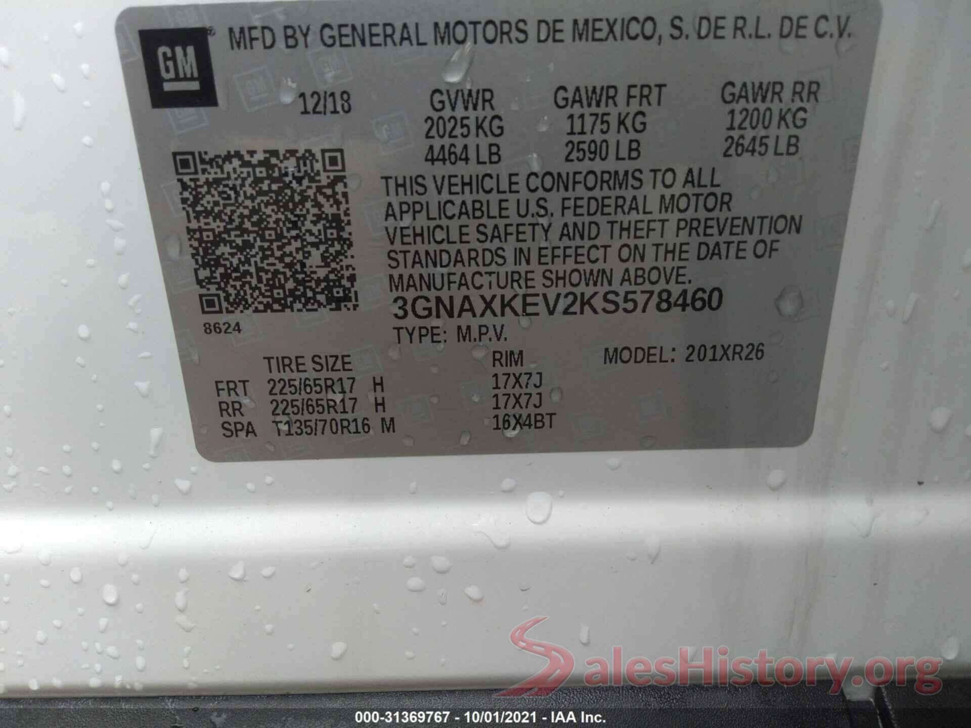 3GNAXKEV2KS578460 2019 CHEVROLET EQUINOX