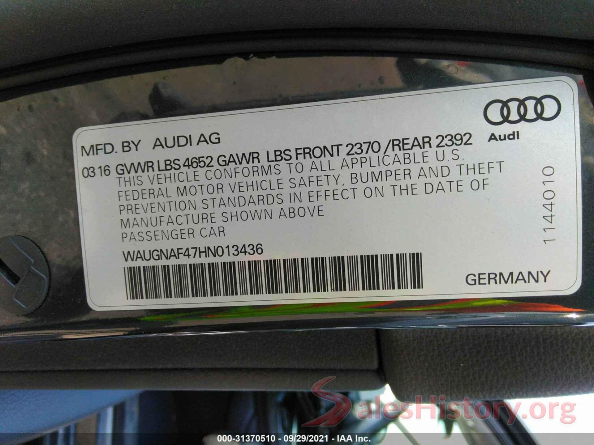 WAUGNAF47HN013436 2017 AUDI A4