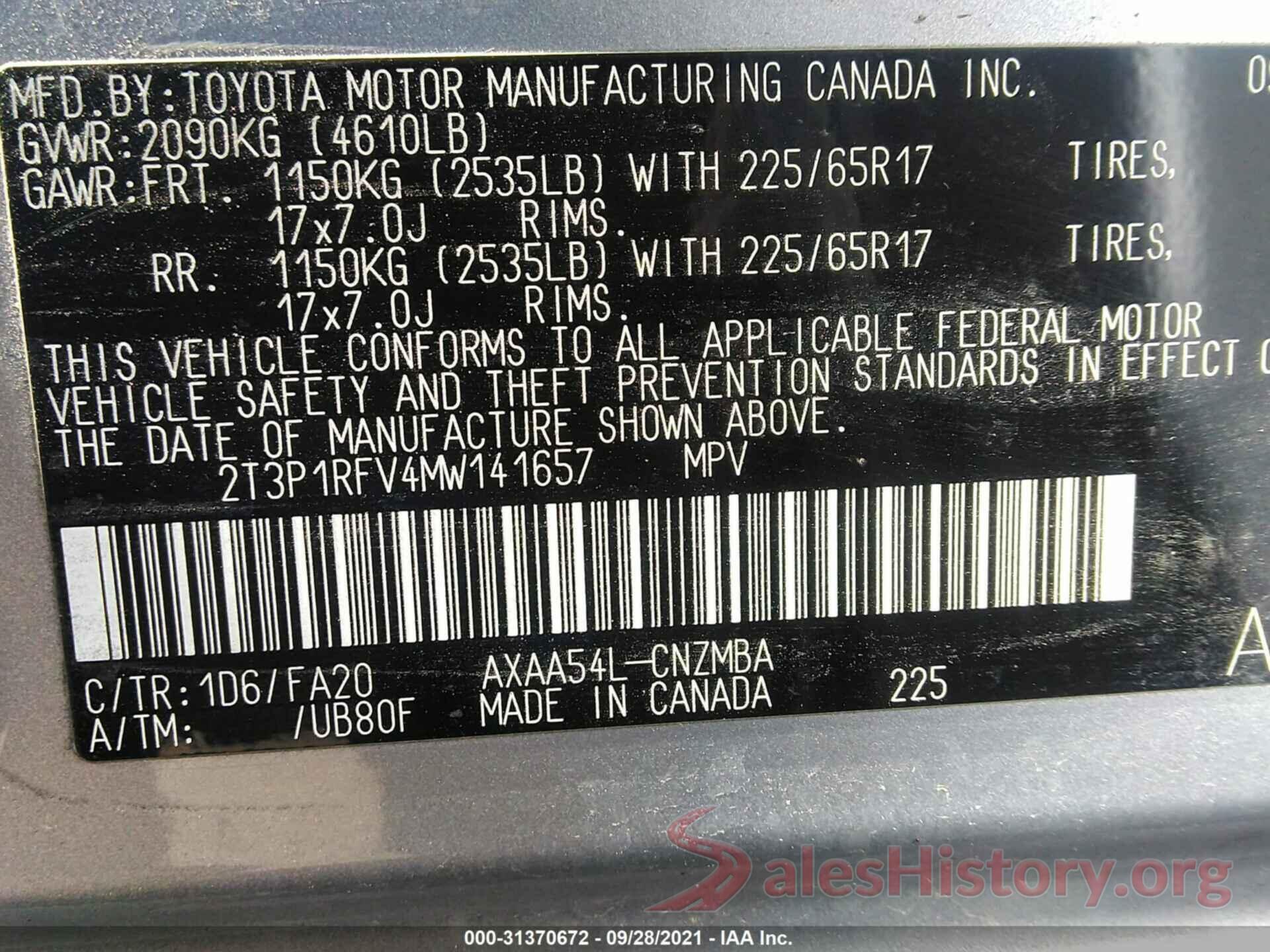 2T3P1RFV4MW141657 2021 TOYOTA RAV4