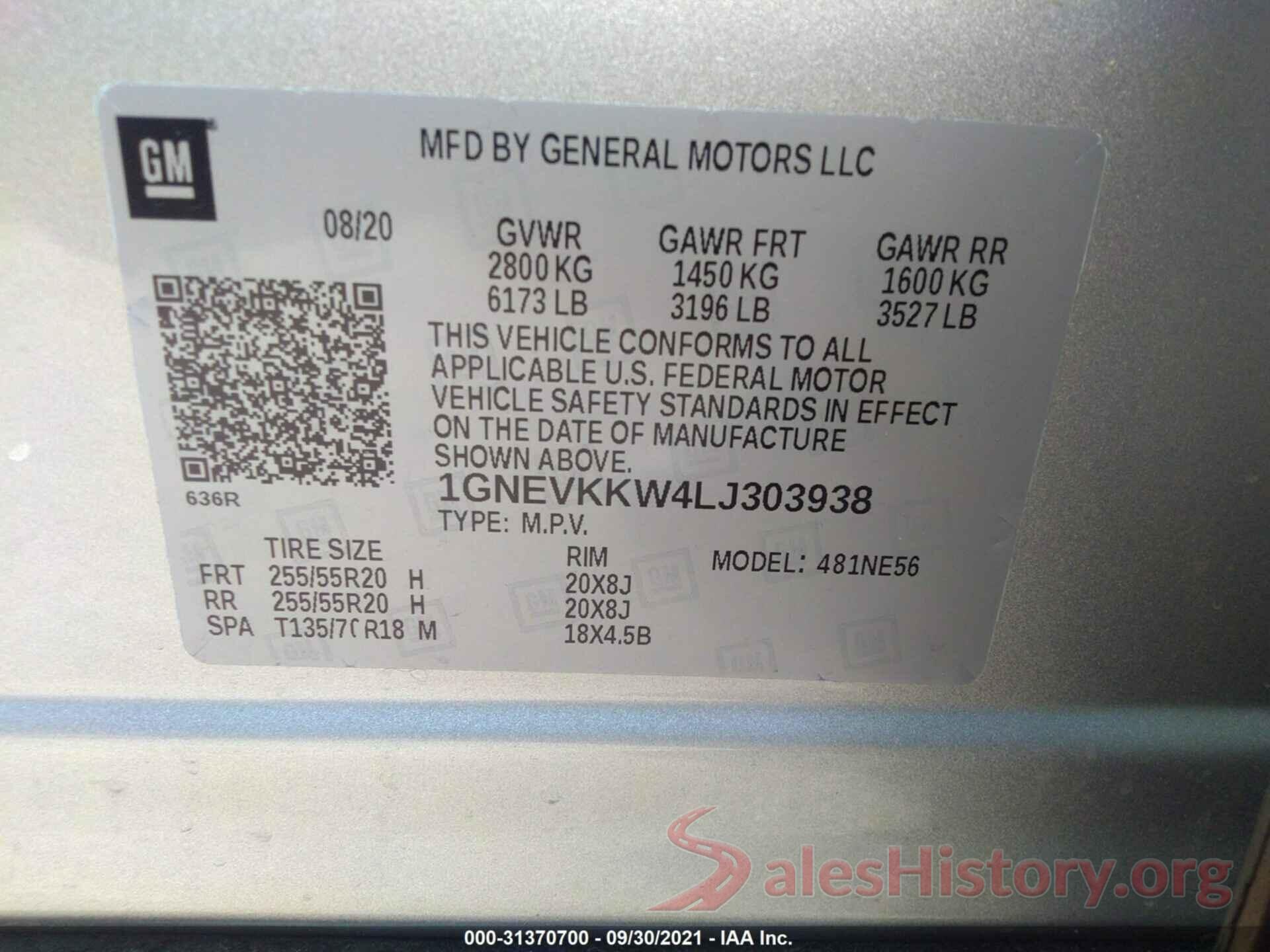 1GNEVKKW4LJ303938 2020 CHEVROLET TRAVERSE