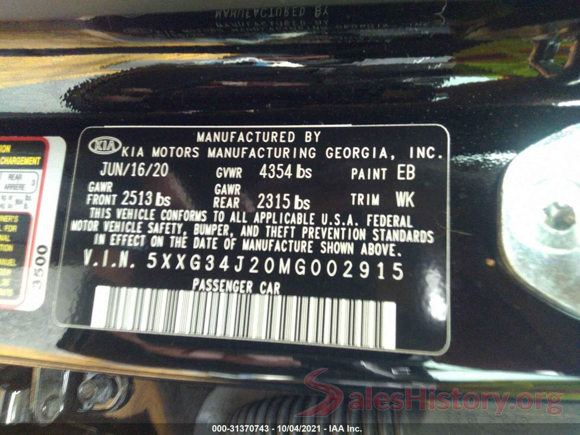 5XXG34J20MG002915 2021 KIA K5