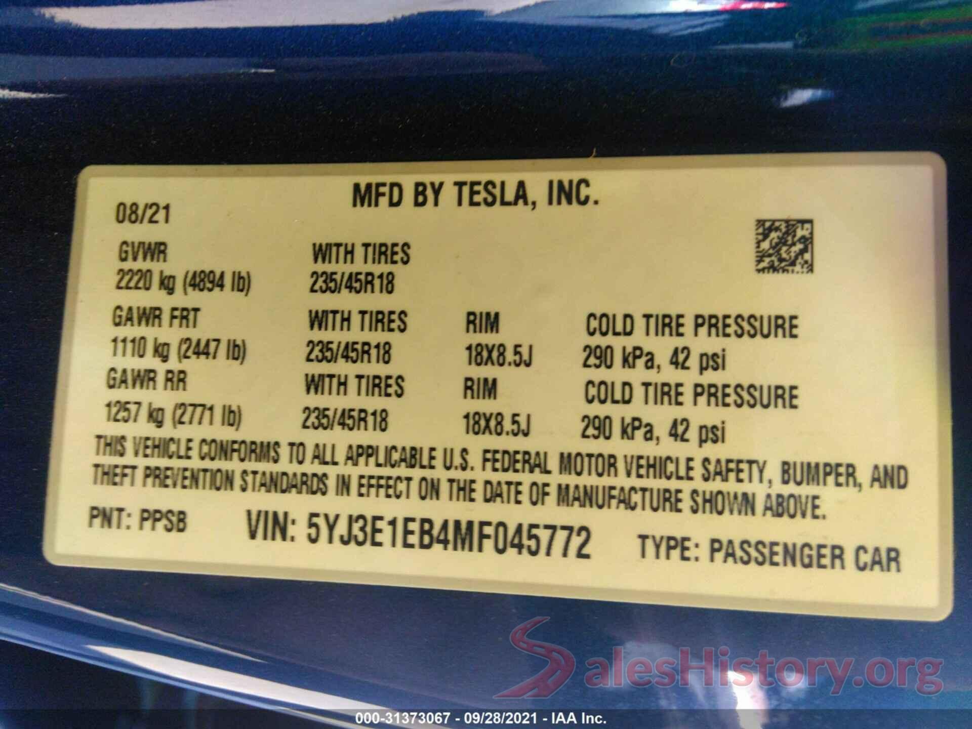 5YJ3E1EB4MF045772 2021 TESLA MODEL 3