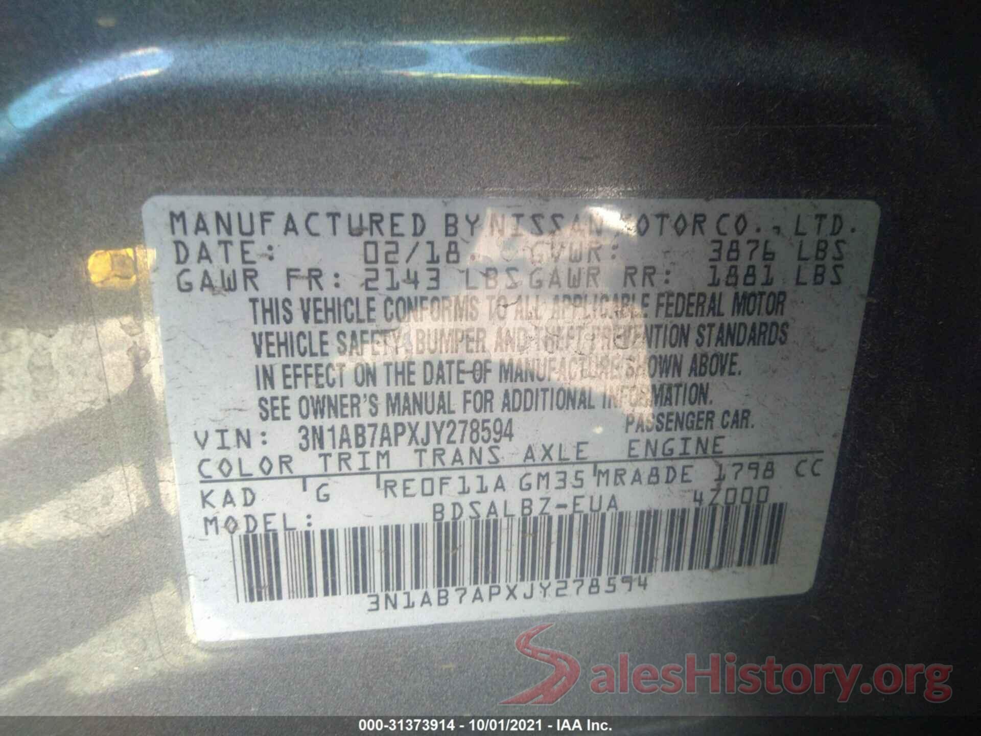 3N1AB7APXJY278594 2018 NISSAN SENTRA