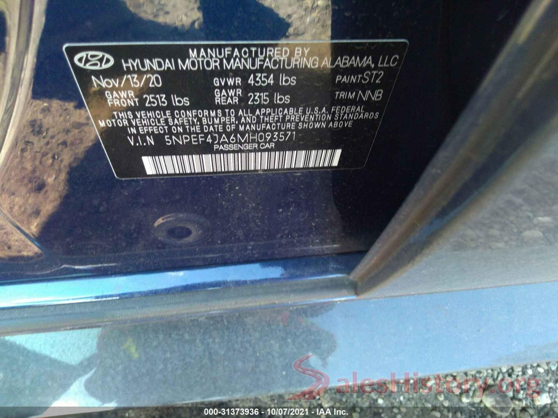 5NPEF4JA6MH093571 2021 HYUNDAI SONATA