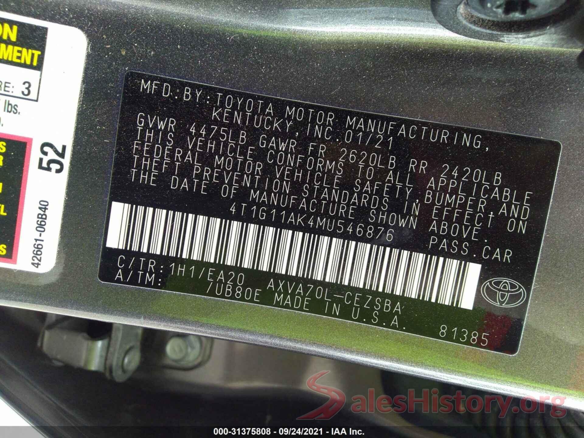 4T1G11AK4MU546876 2021 TOYOTA CAMRY