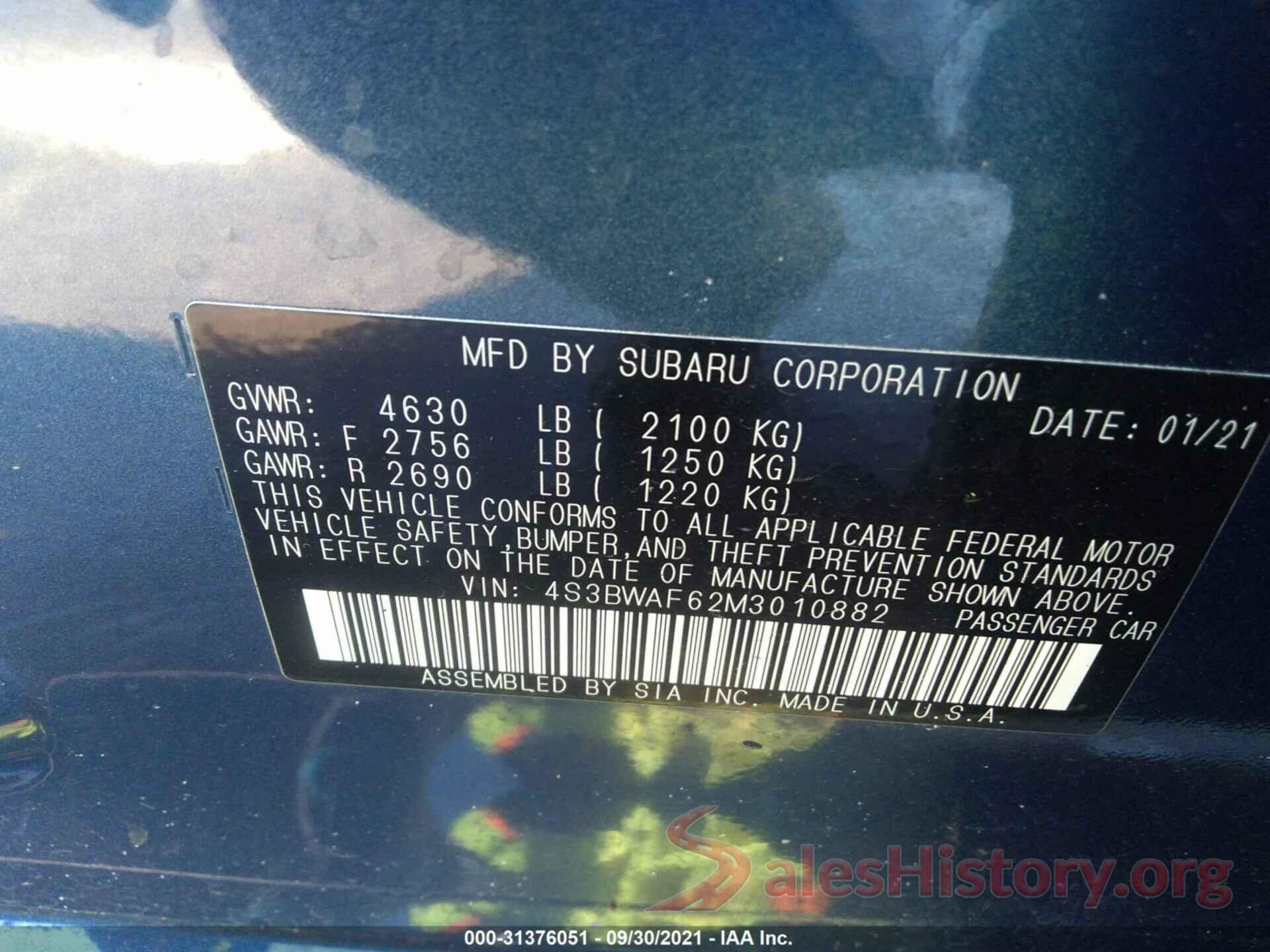 4S3BWAF62M3010882 2021 SUBARU LEGACY