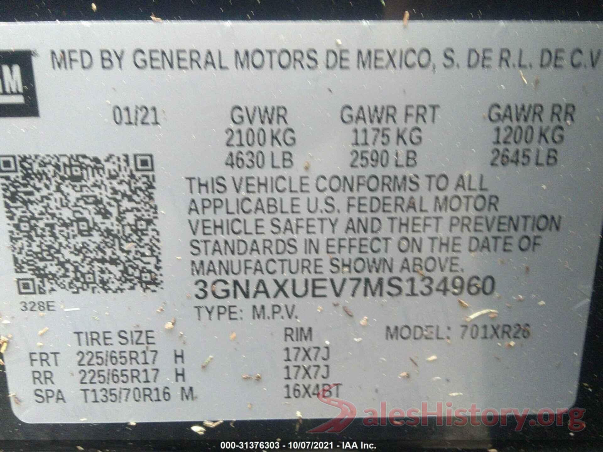 3GNAXUEV7MS134960 2021 CHEVROLET EQUINOX