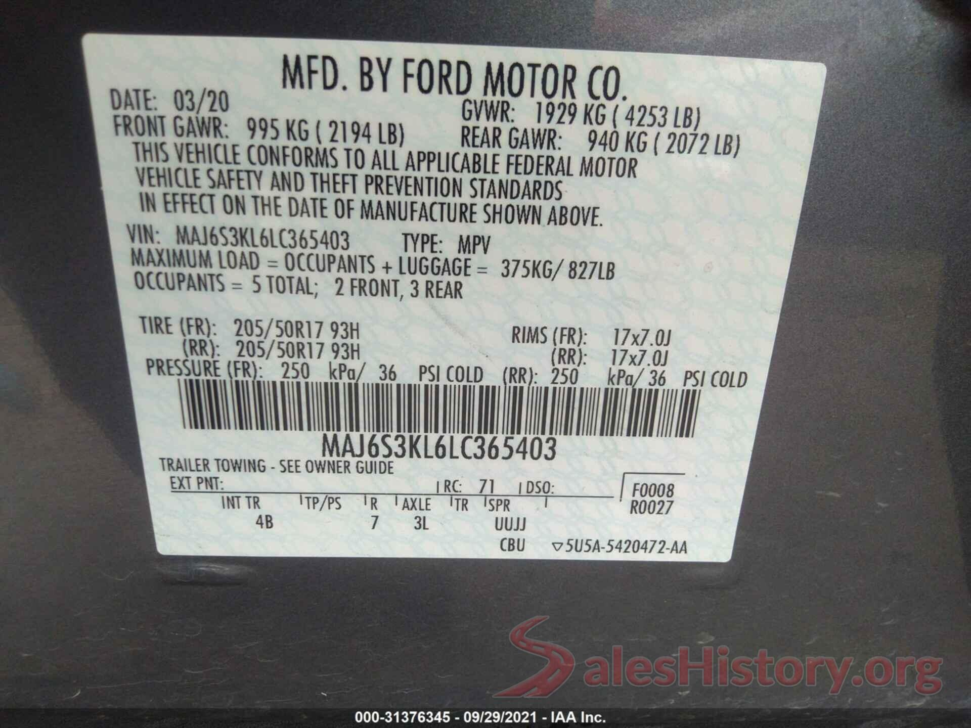 MAJ6S3KL6LC365403 2020 FORD ECOSPORT