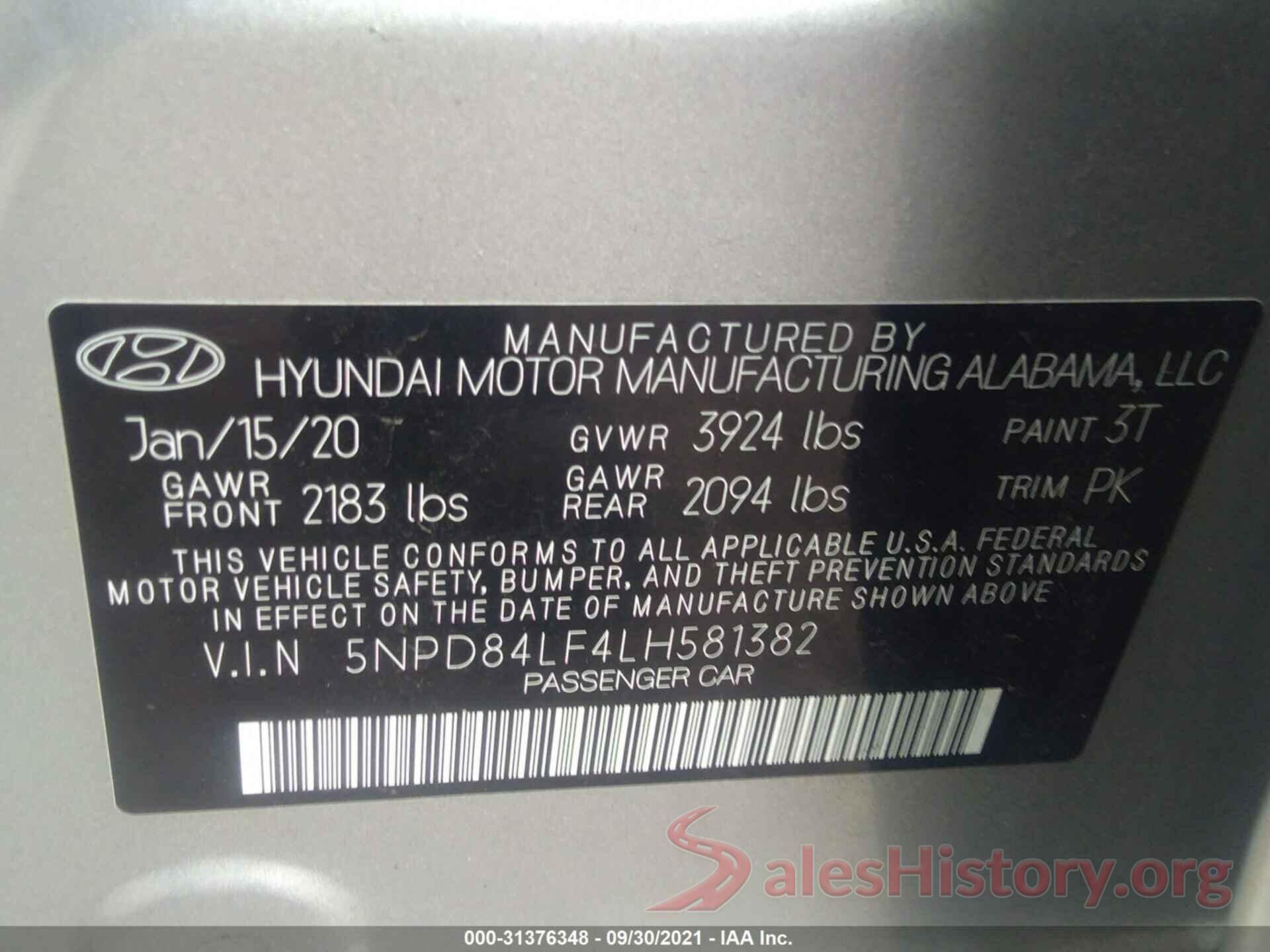 5NPD84LF4LH581382 2020 HYUNDAI ELANTRA