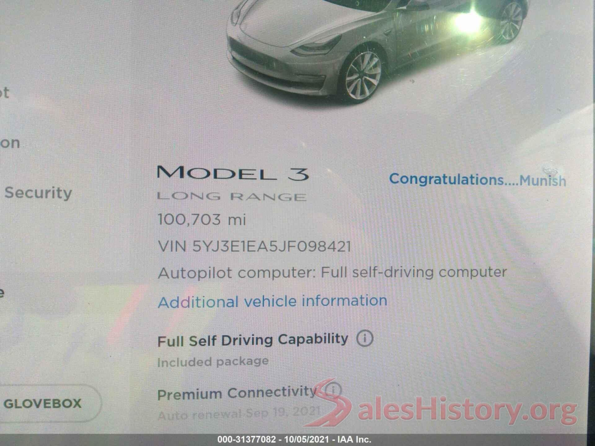 5YJ3E1EA5JF098421 2018 TESLA MODEL 3