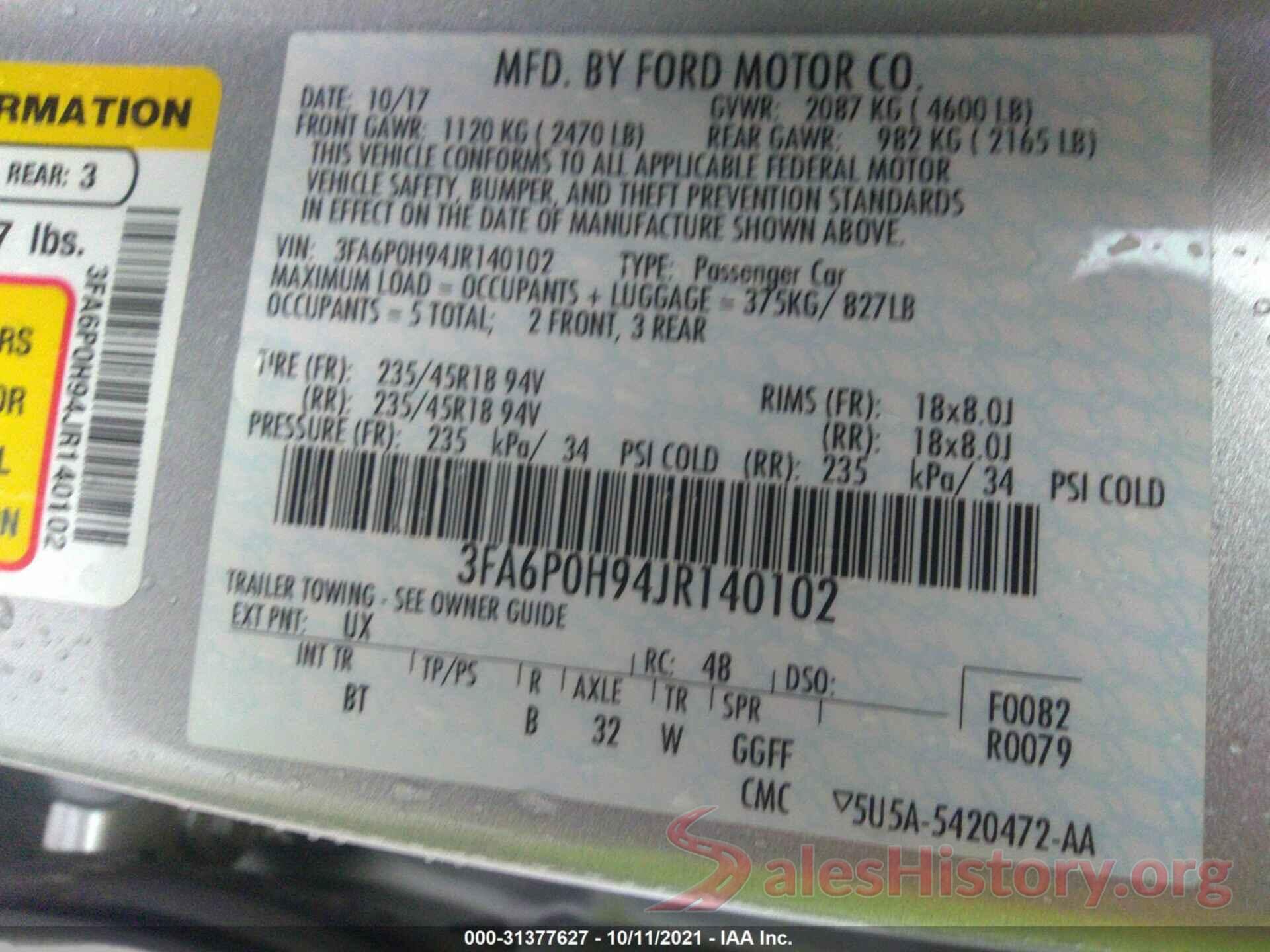 3FA6P0H94JR140102 2018 FORD FUSION