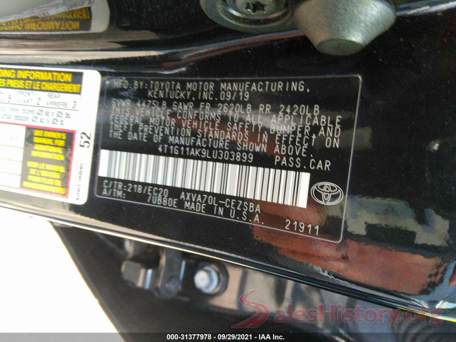 4T1G11AK9LU303899 2020 TOYOTA CAMRY