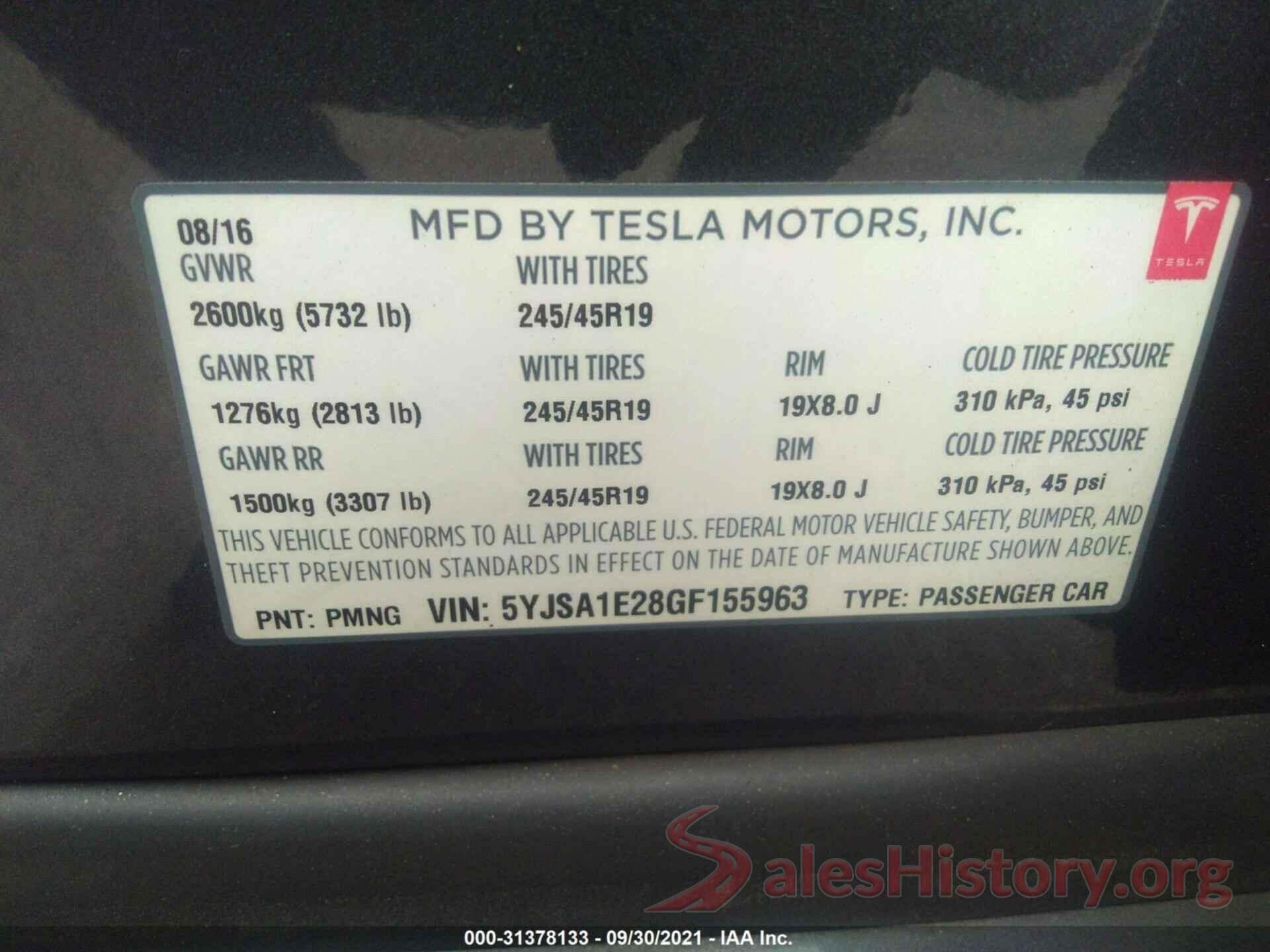 5YJSA1E28GF155963 2016 TESLA MODEL S