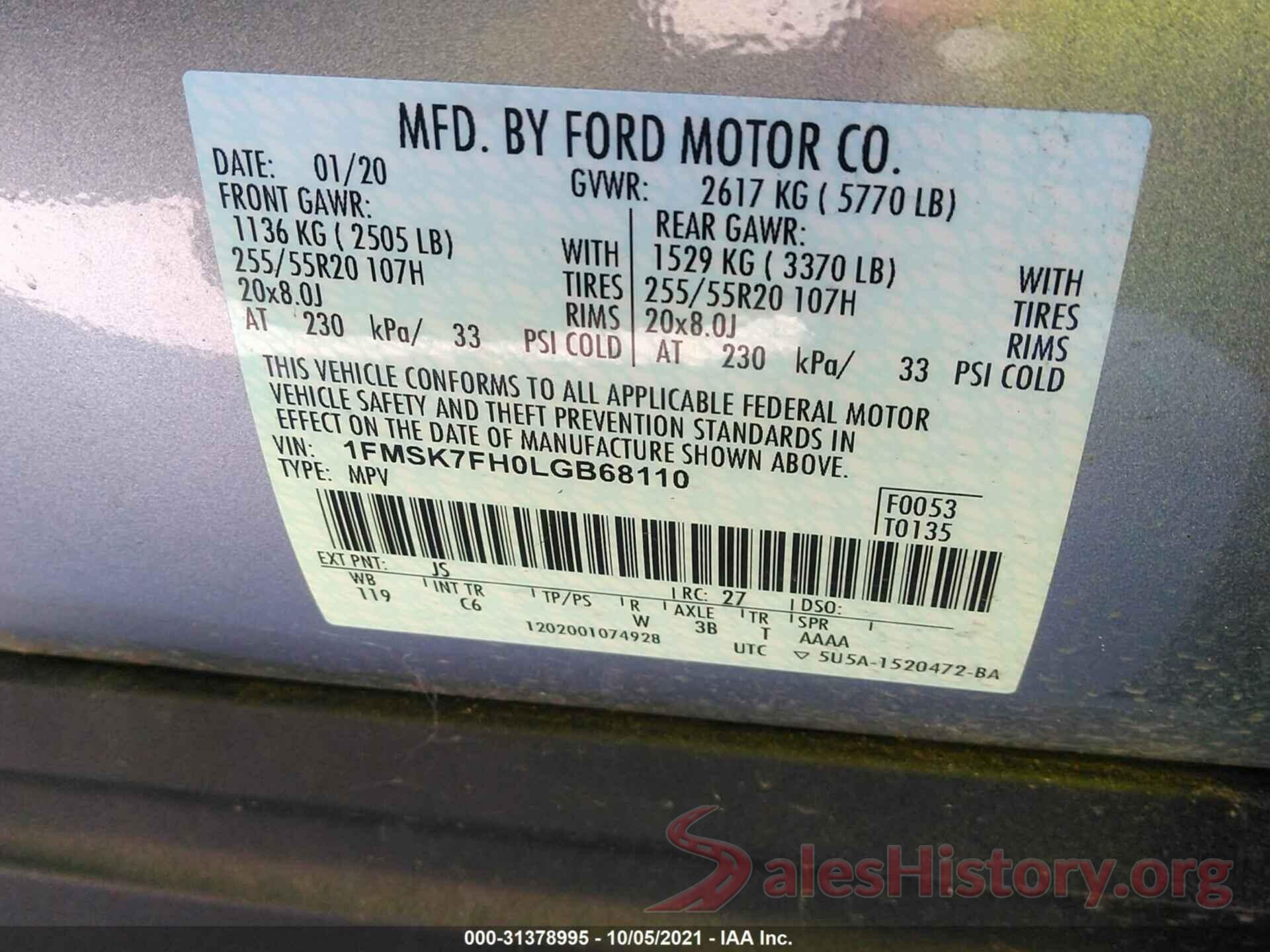 1FMSK7FH0LGB68110 2020 FORD EXPLORER