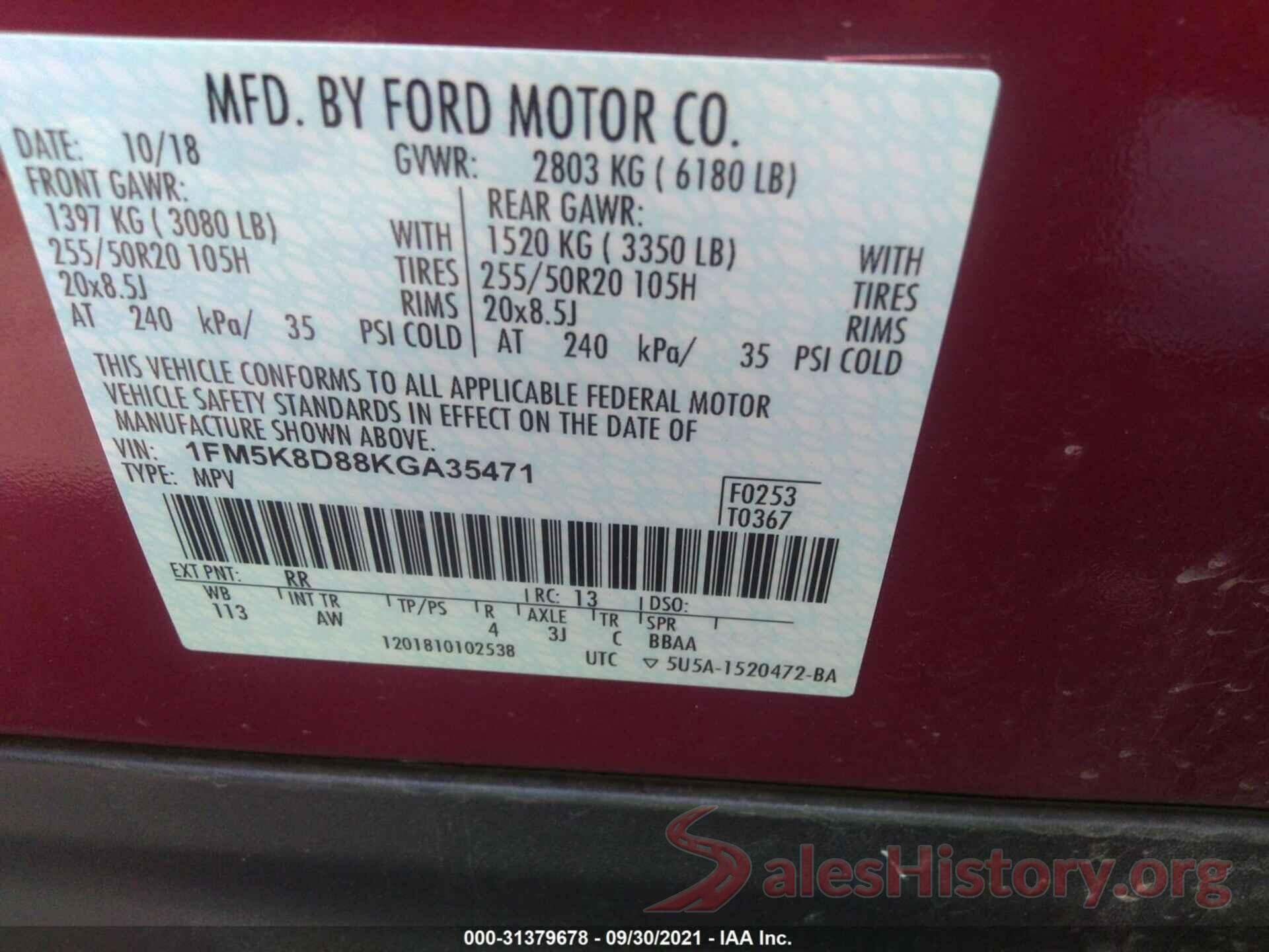 1FM5K8D88KGA35471 2019 FORD EXPLORER