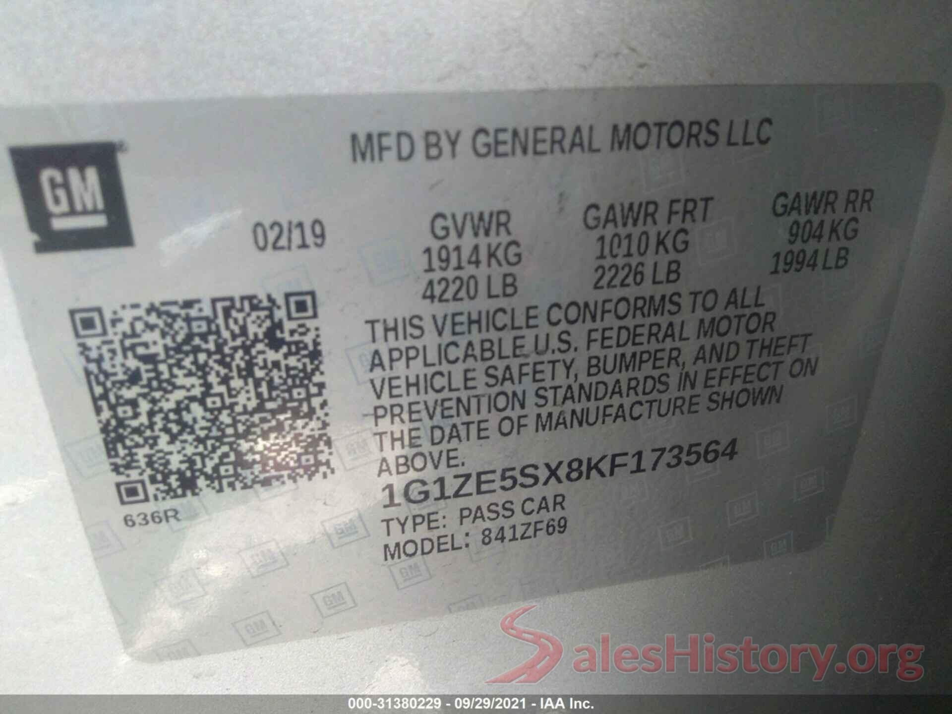 1G1ZE5SX8KF173564 2019 CHEVROLET MALIBU