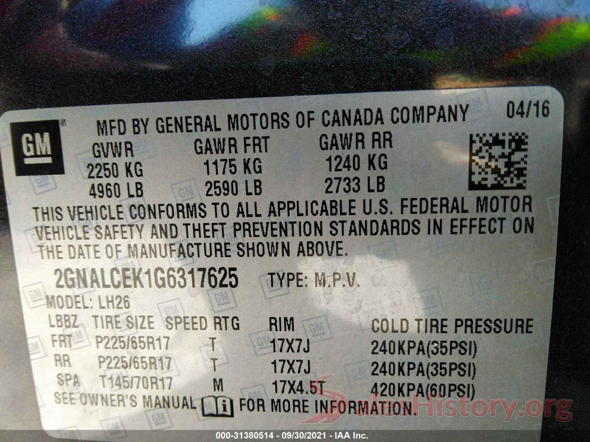 2GNALCEK1G6317625 2016 CHEVROLET EQUINOX