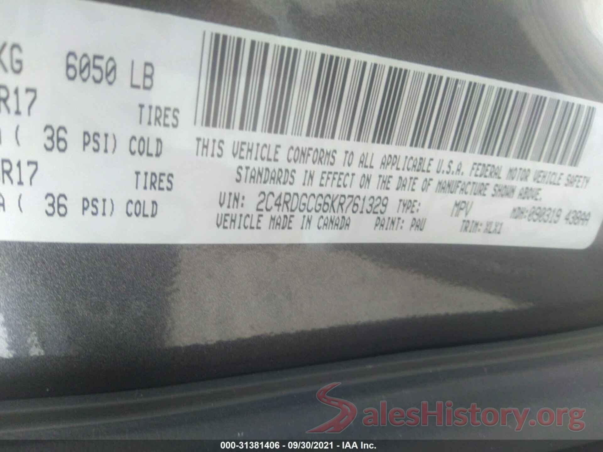 2C4RDGCG6KR761329 2019 DODGE GRAND CARAVAN