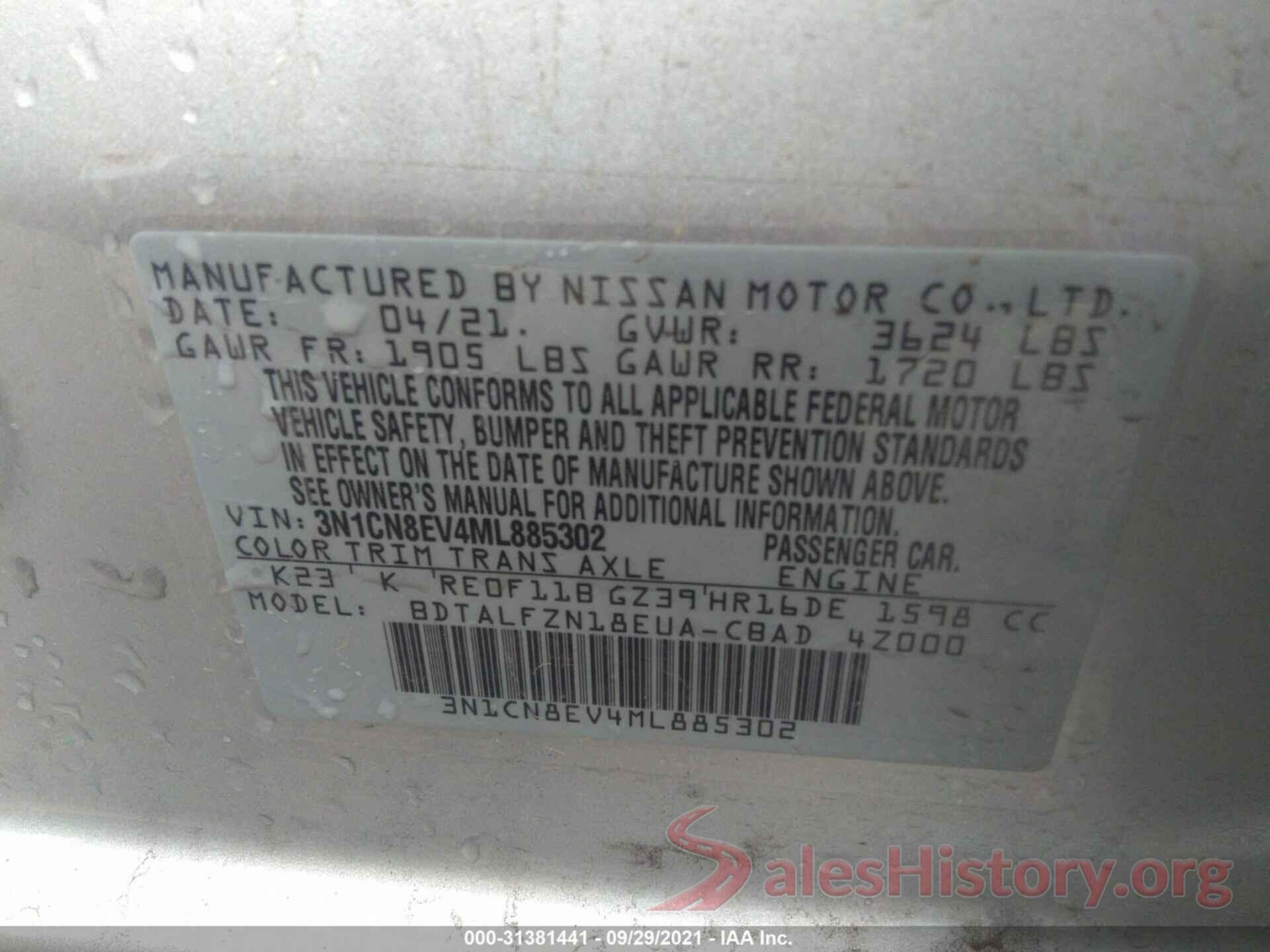 3N1CN8EV4ML885302 2021 NISSAN VERSA