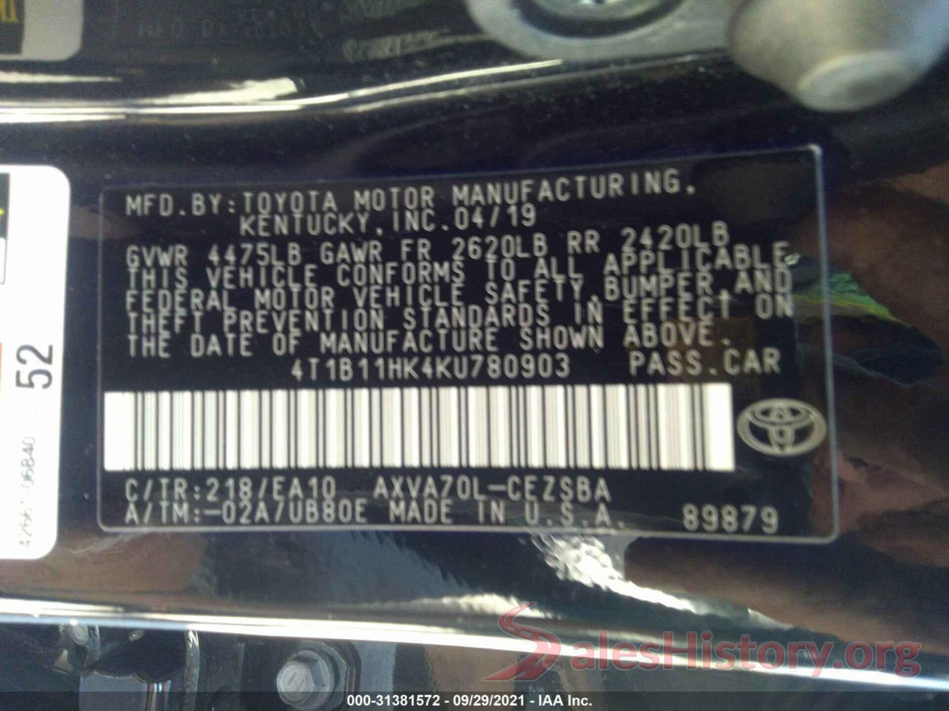 4T1B11HK4KU780903 2019 TOYOTA CAMRY