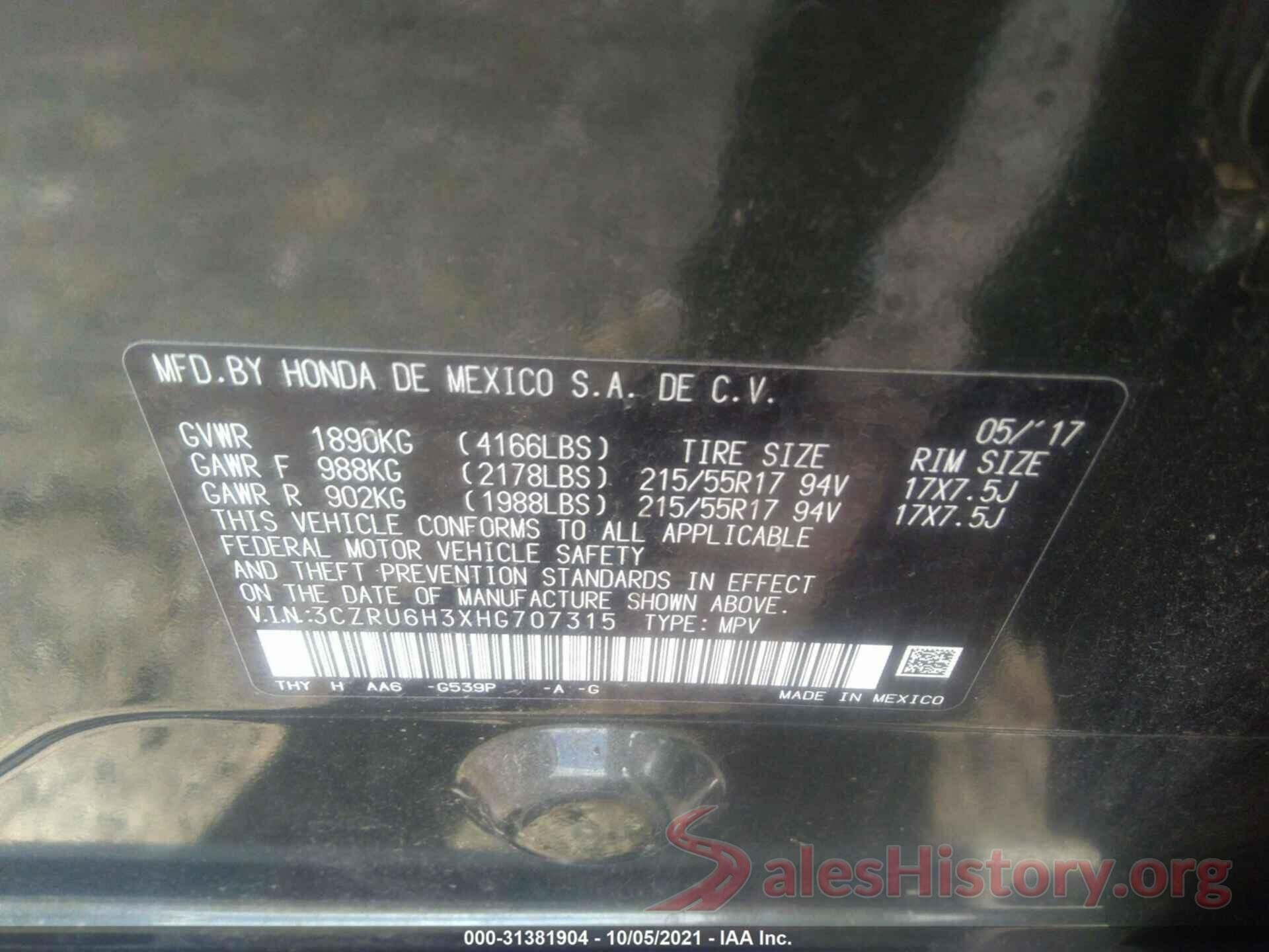 3CZRU6H3XHG707315 2017 HONDA HR-V