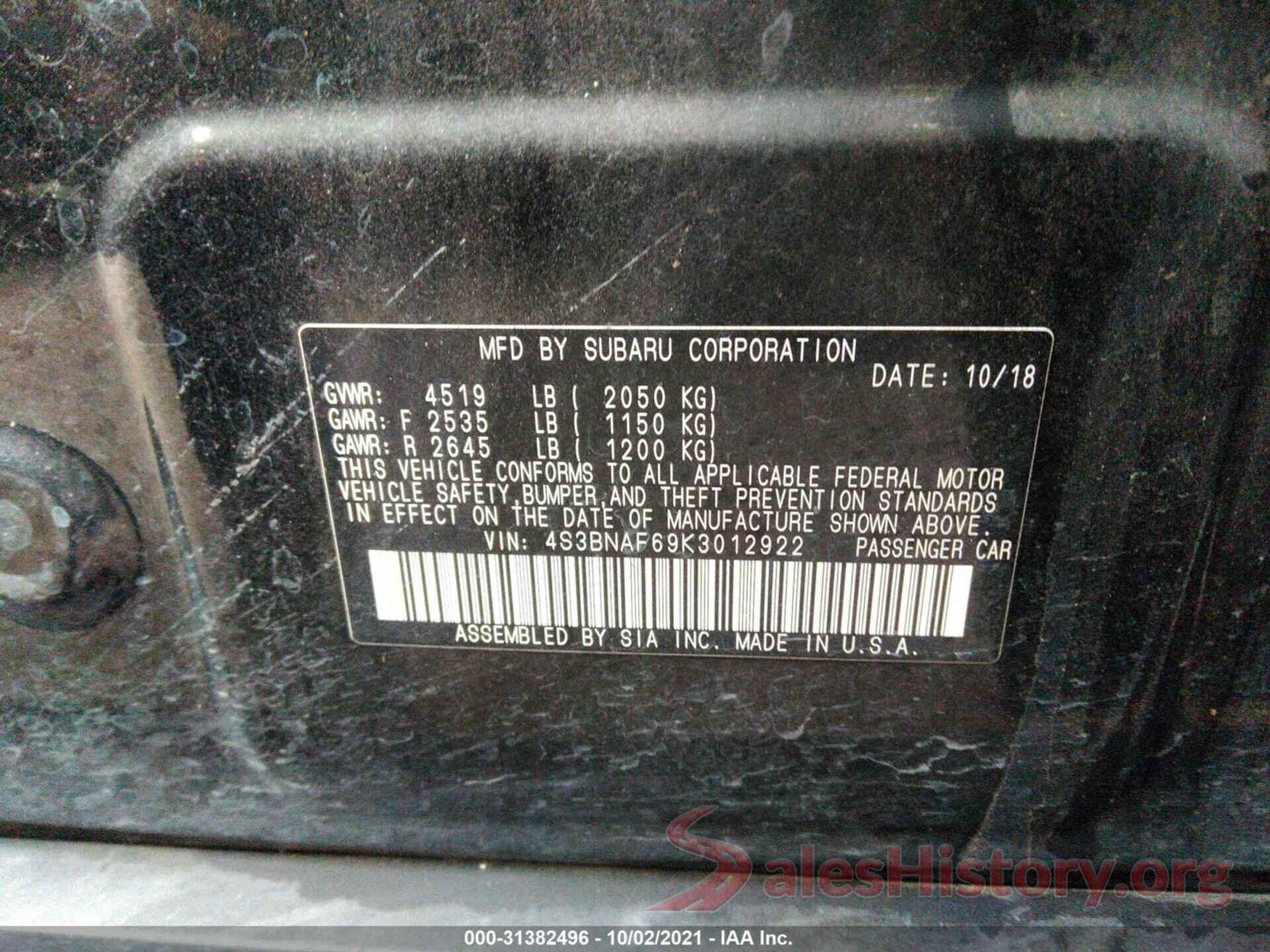 4S3BNAF69K3012922 2019 SUBARU LEGACY