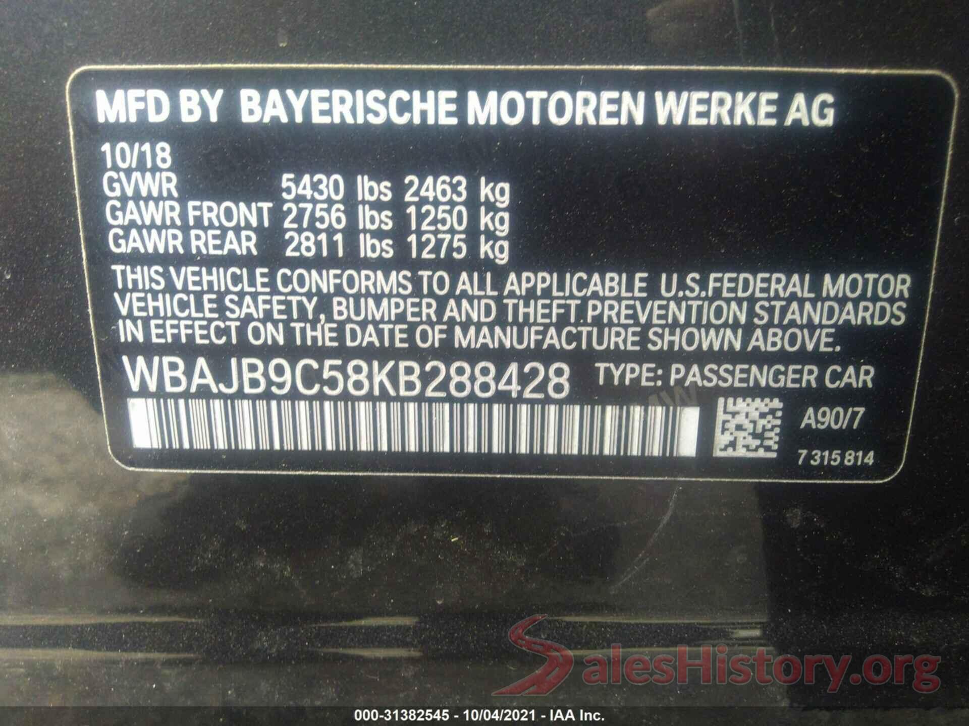 WBAJB9C58KB288428 2019 BMW 5 SERIES