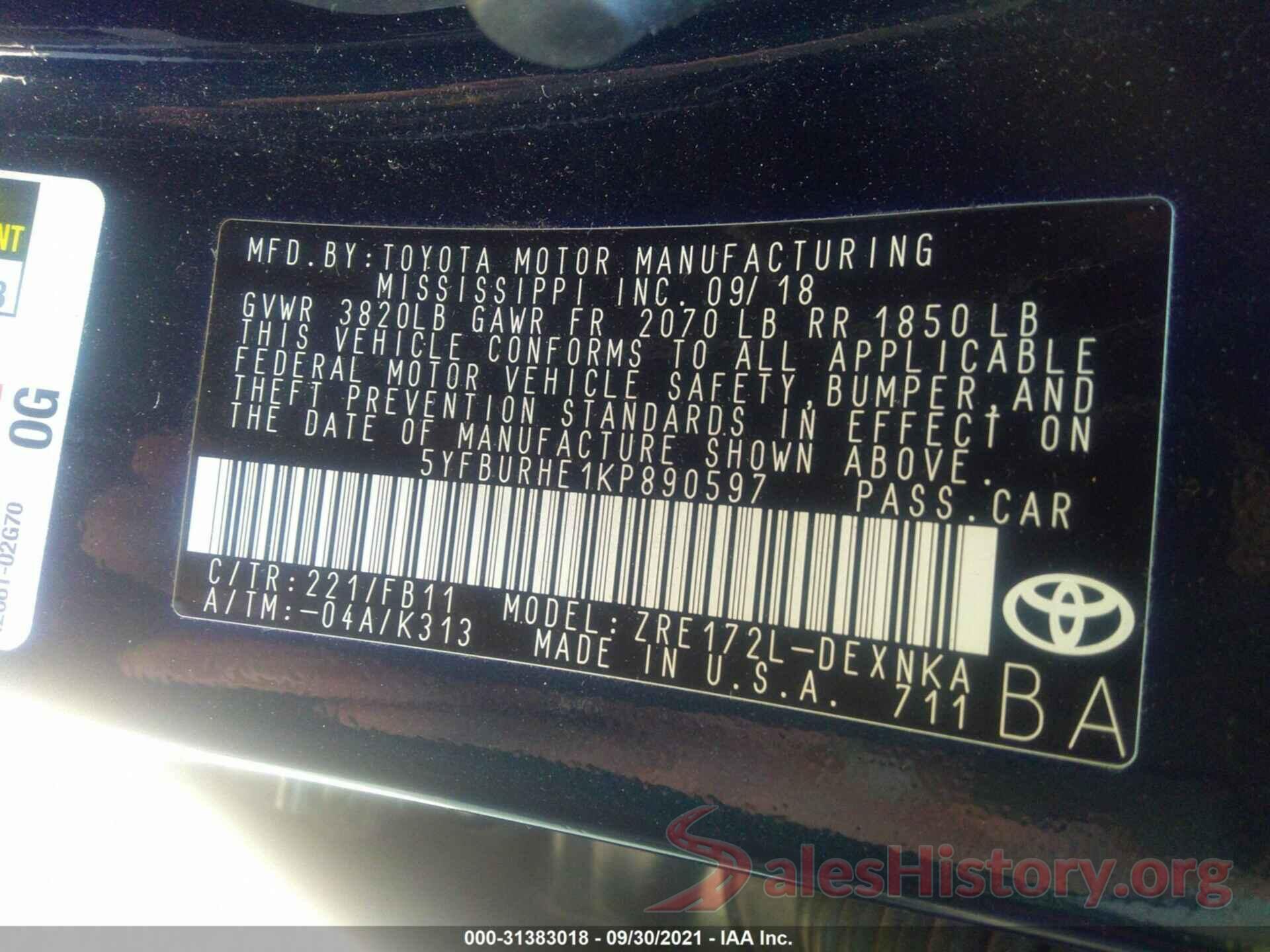 5YFBURHE1KP890597 2019 TOYOTA COROLLA