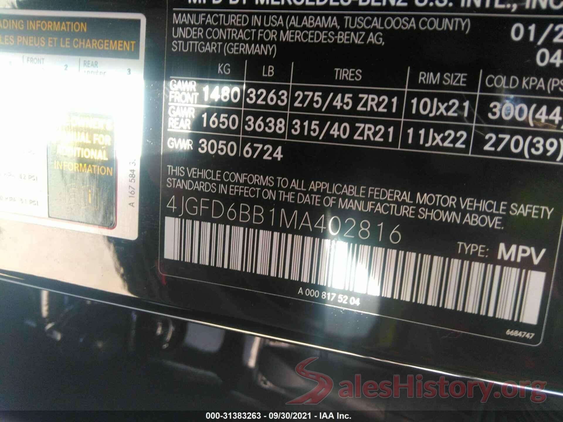 4JGFD6BB1MA402816 2021 MERCEDES-BENZ GLE