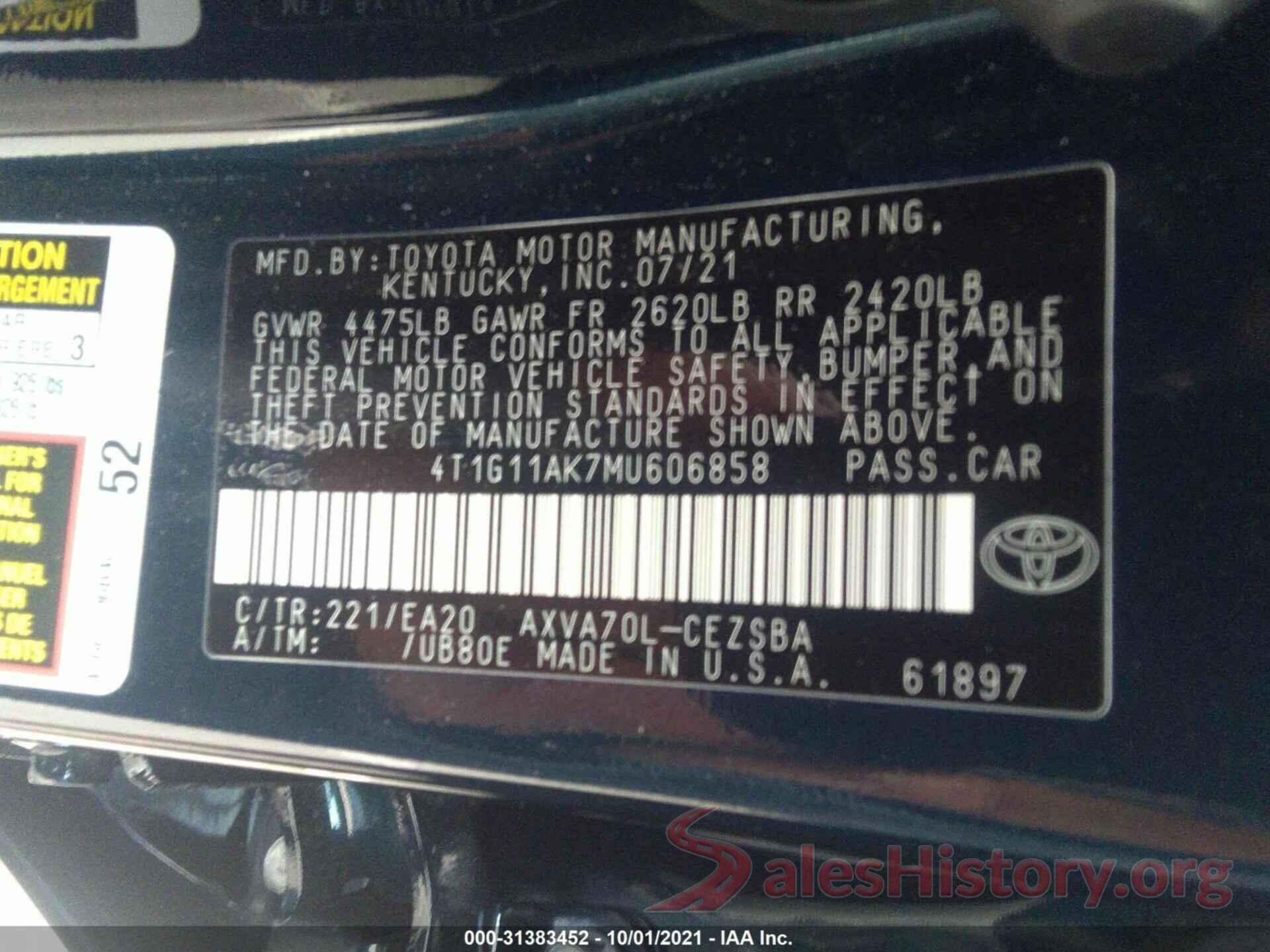 4T1G11AK7MU606858 2021 TOYOTA CAMRY