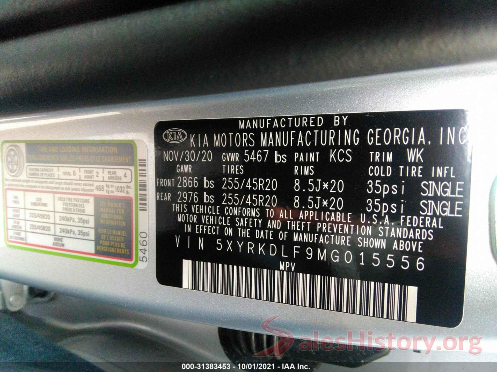 5XYRKDLF9MG015556 2021 KIA SORENTO