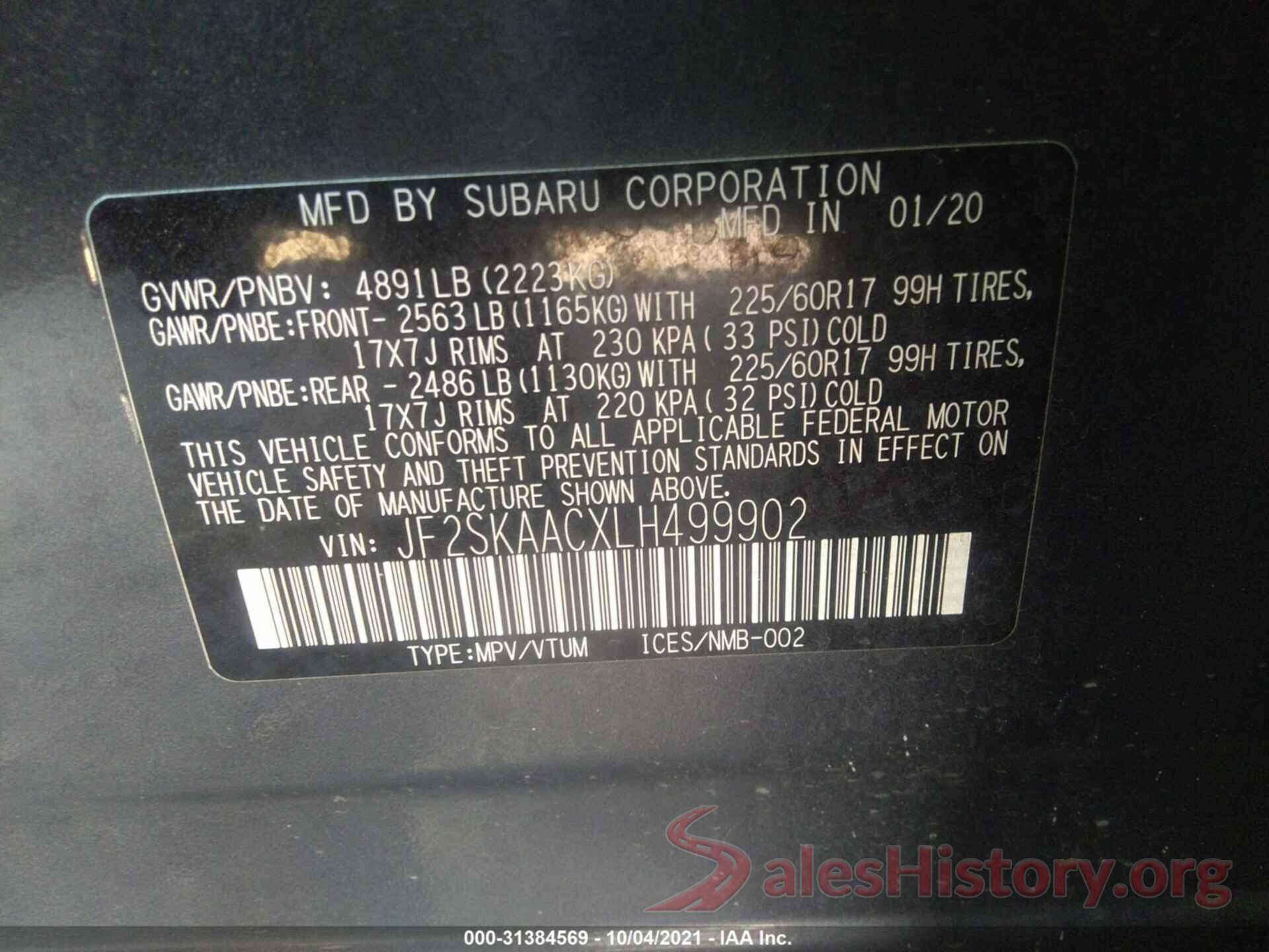 JF2SKAACXLH499902 2020 SUBARU FORESTER